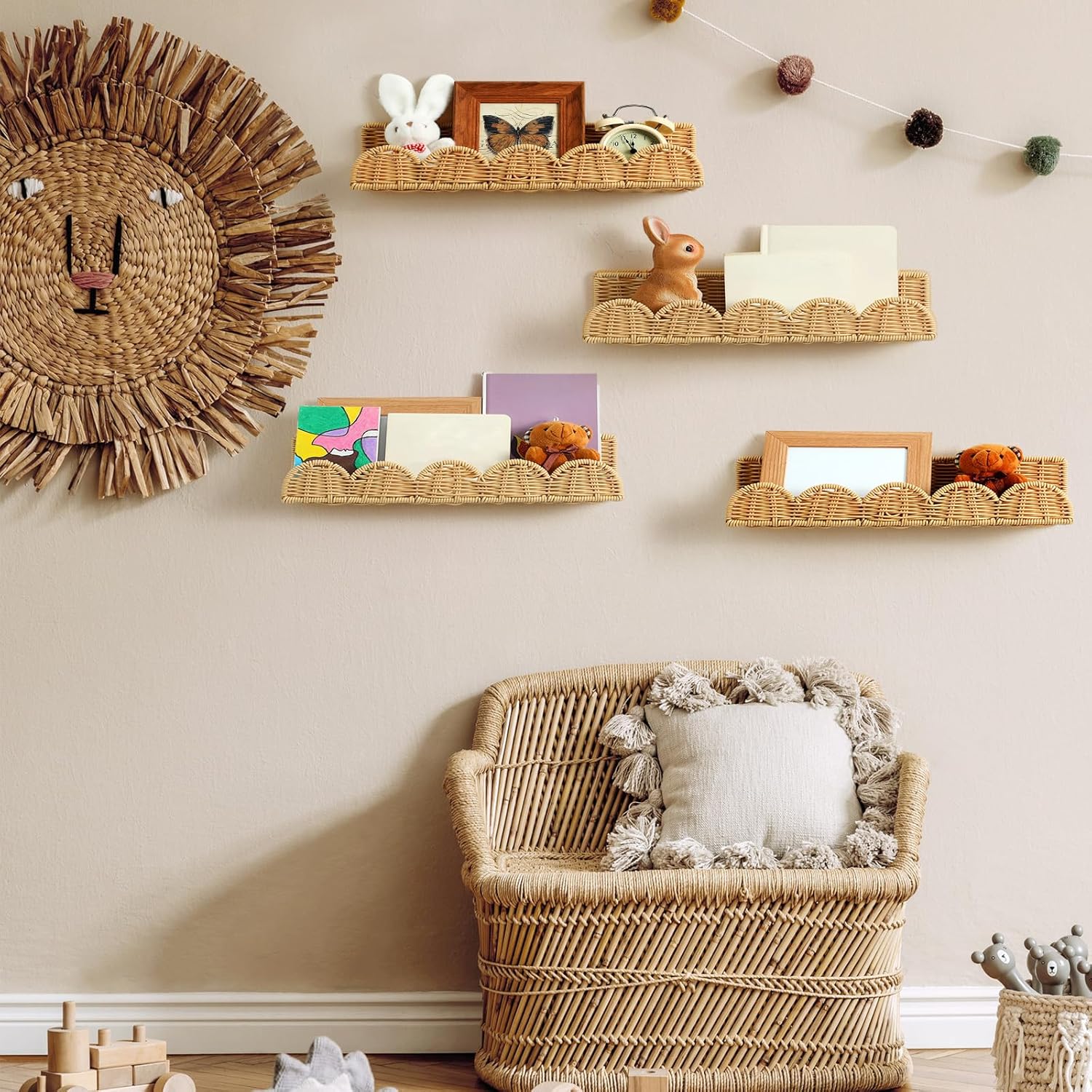 Pinkunn 4 Pcs Floating Rattan Bookshelves for Wall Mounting