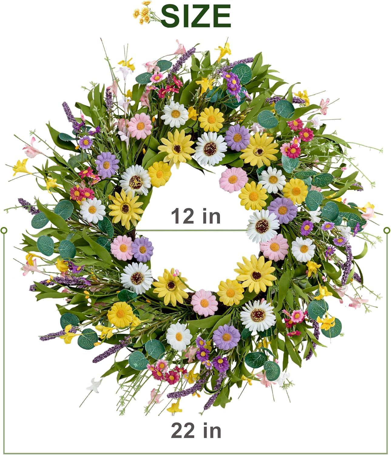 22 Inch Artificial Spring Wreath with Yellow Daisies and Green Eucalyptus Leaves