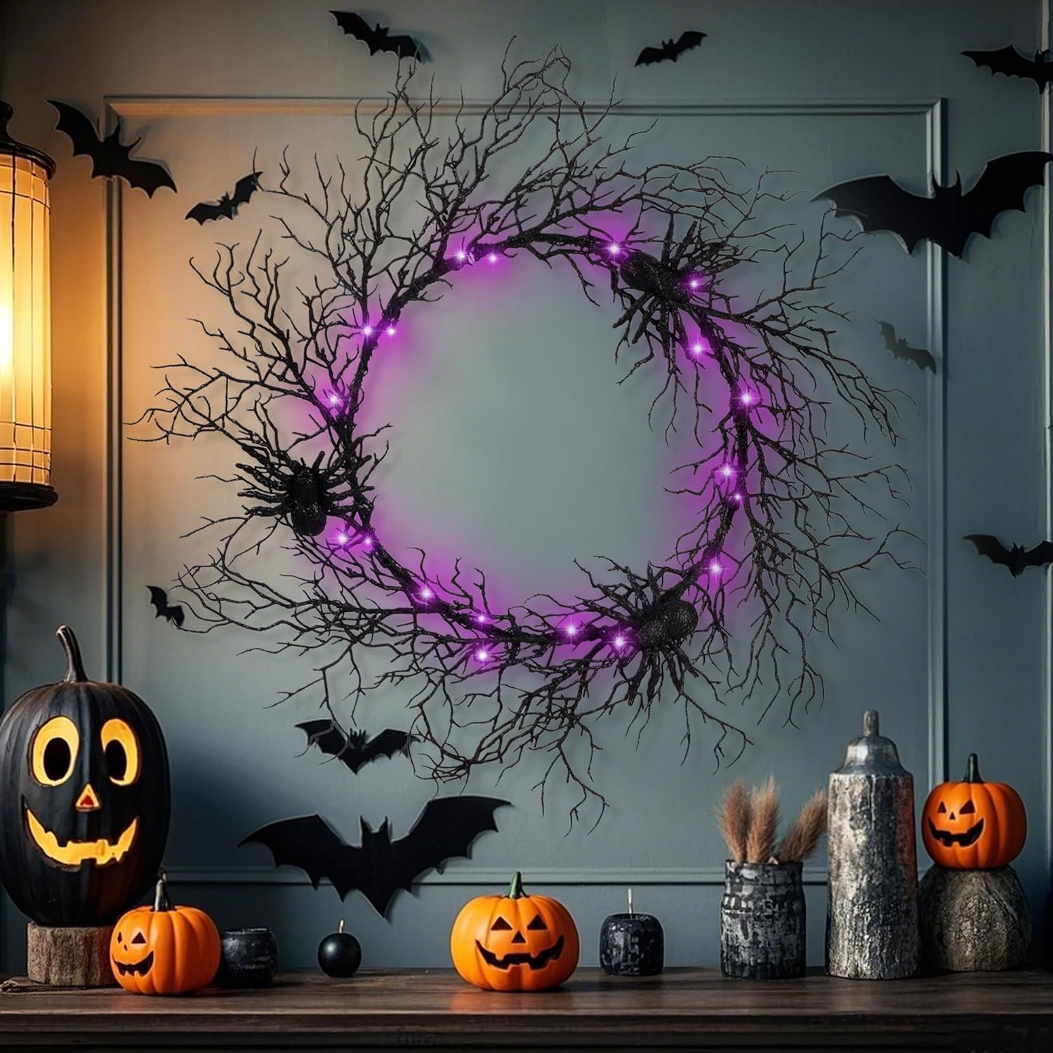 24 Inch Halloween Wreath with Purple LED Lights