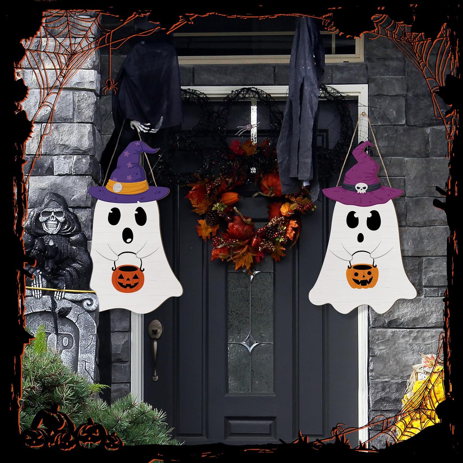 Shellwei 2 Pcs Halloween Welcome Sign Ghost Door Decoration