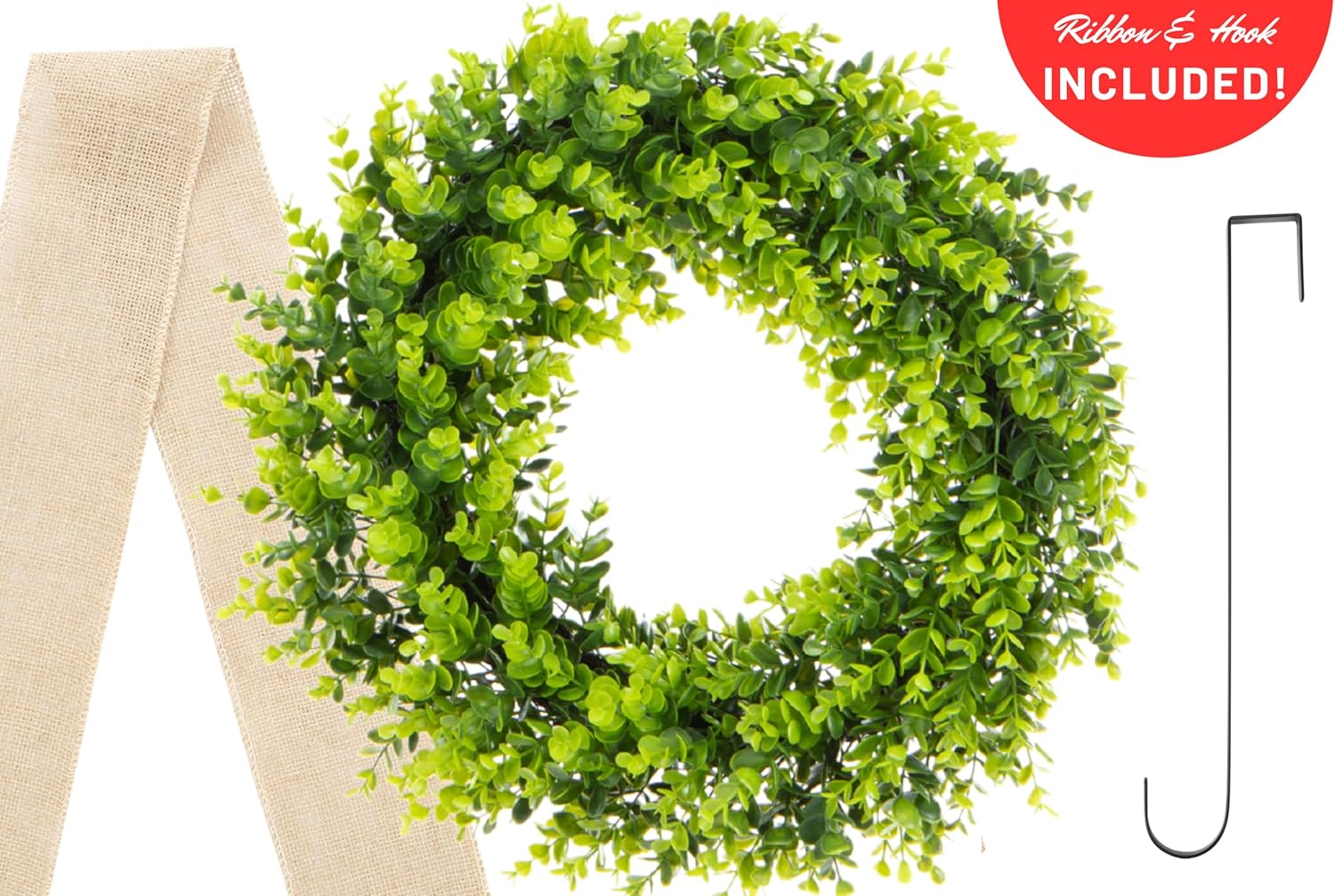20-Inch Boxwood Wreath with Metal Hanger Burlap Ribbon
