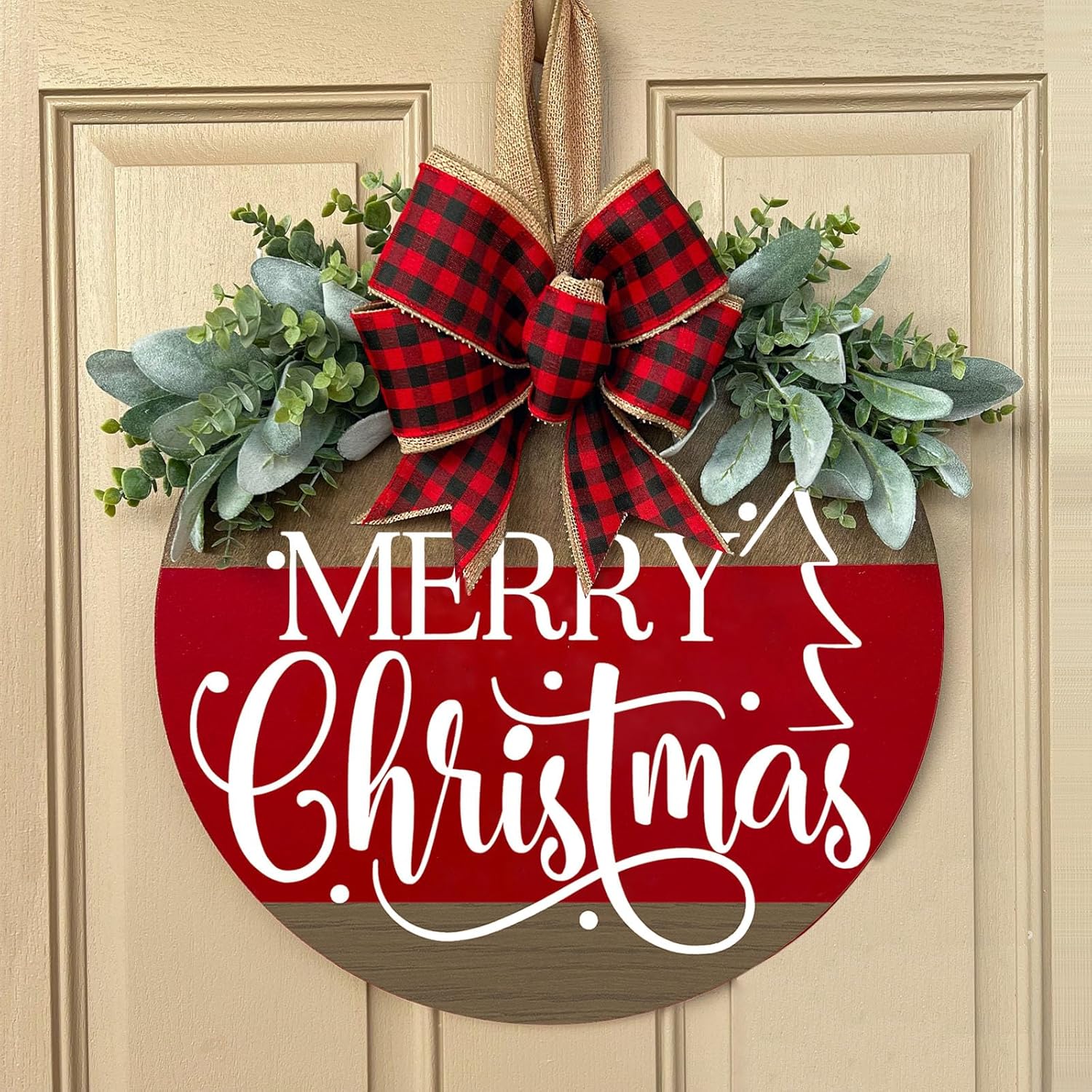 Red Plaid Christmas Welcome Door Sign with Deer and Snowflakes
