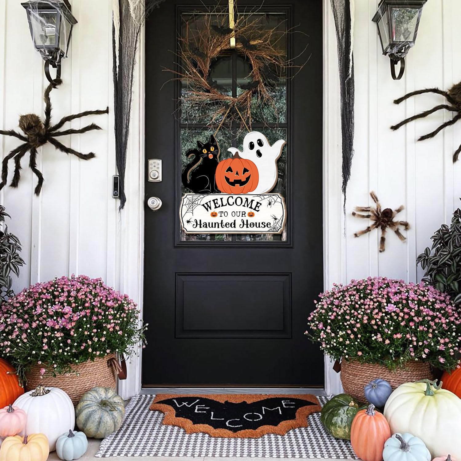 Halloween Door Hanging Sign with Ghost and Pumpkin Design