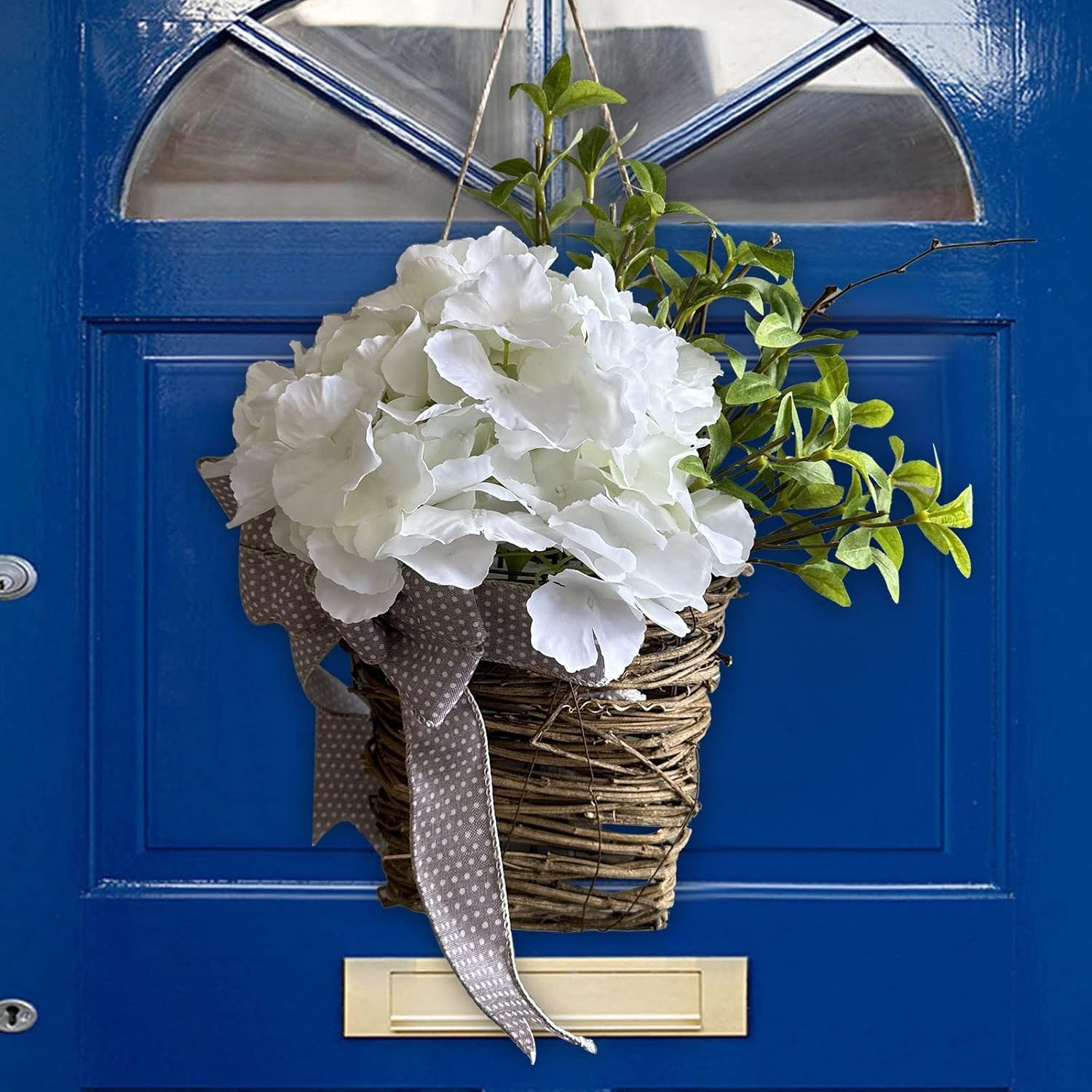 Cream Hydrangea Door Wreath Basket Spring Welcome Sign