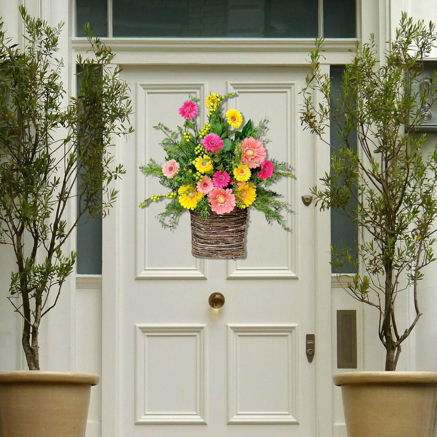 Cream Hydrangea Door Wreath with Basket and Rattan