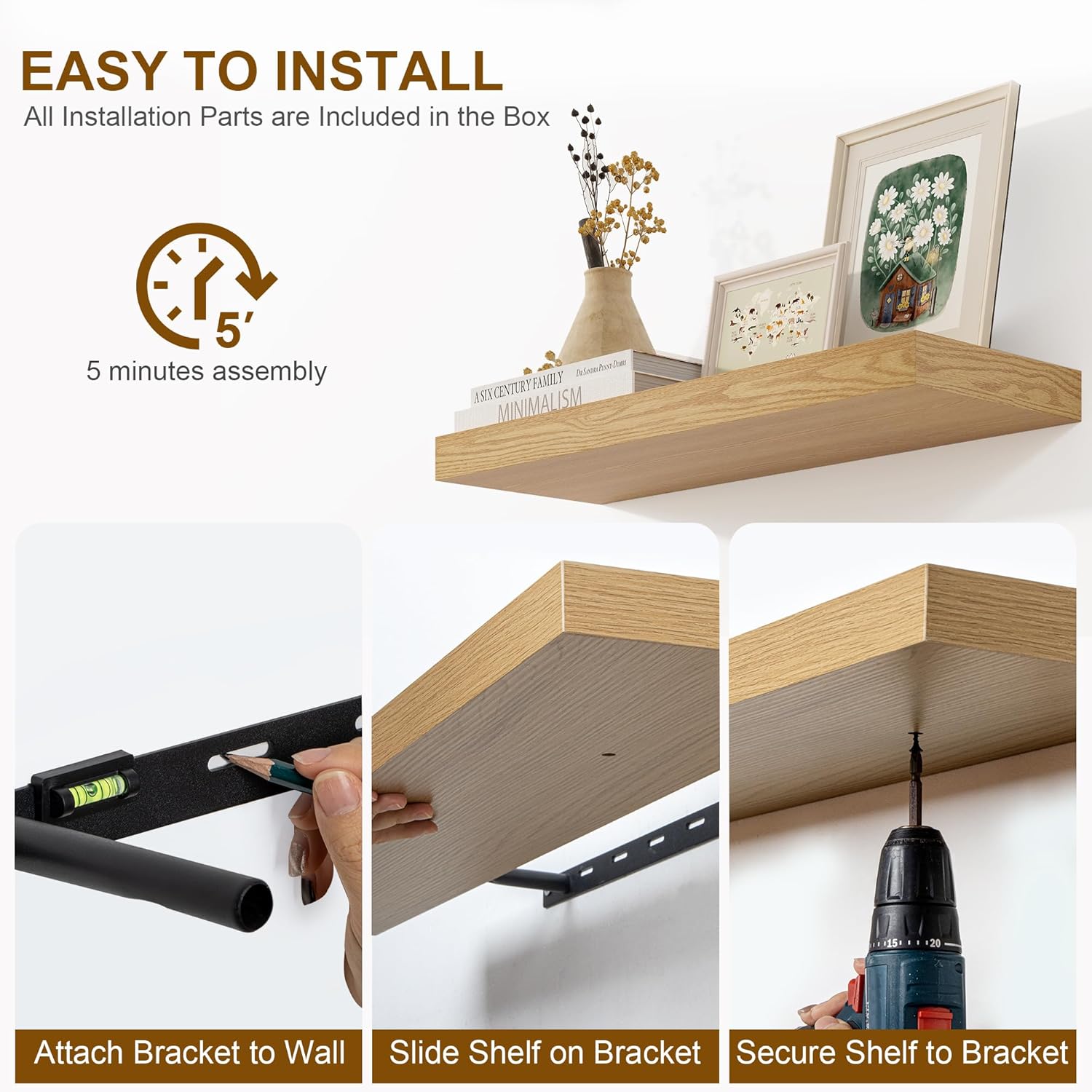 Fun Memories Floating Shelves Set of 2 24 Inch Oak Wood