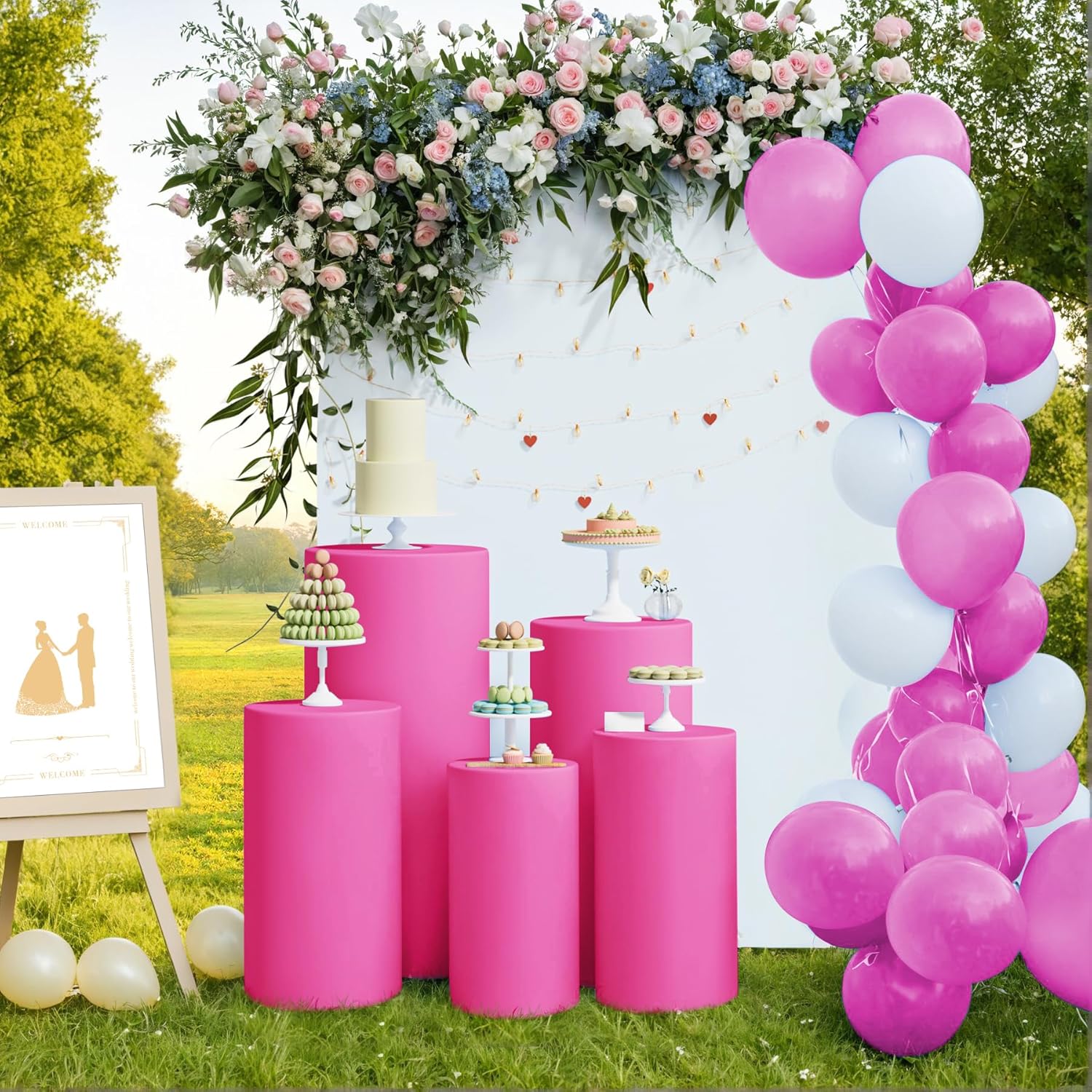 LEBENGURU 5Pcs Cylinder Pedestal Stand Covers Fushia Round Spandex