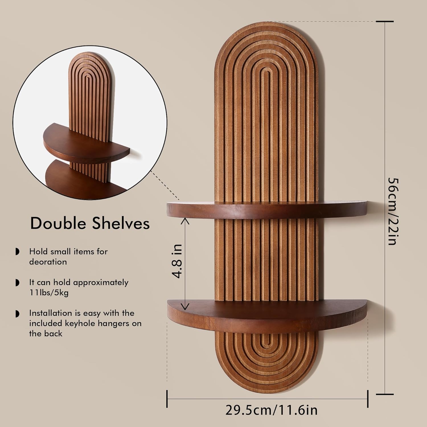 Modern Wall Shelf with Arched Wood Design Walnut