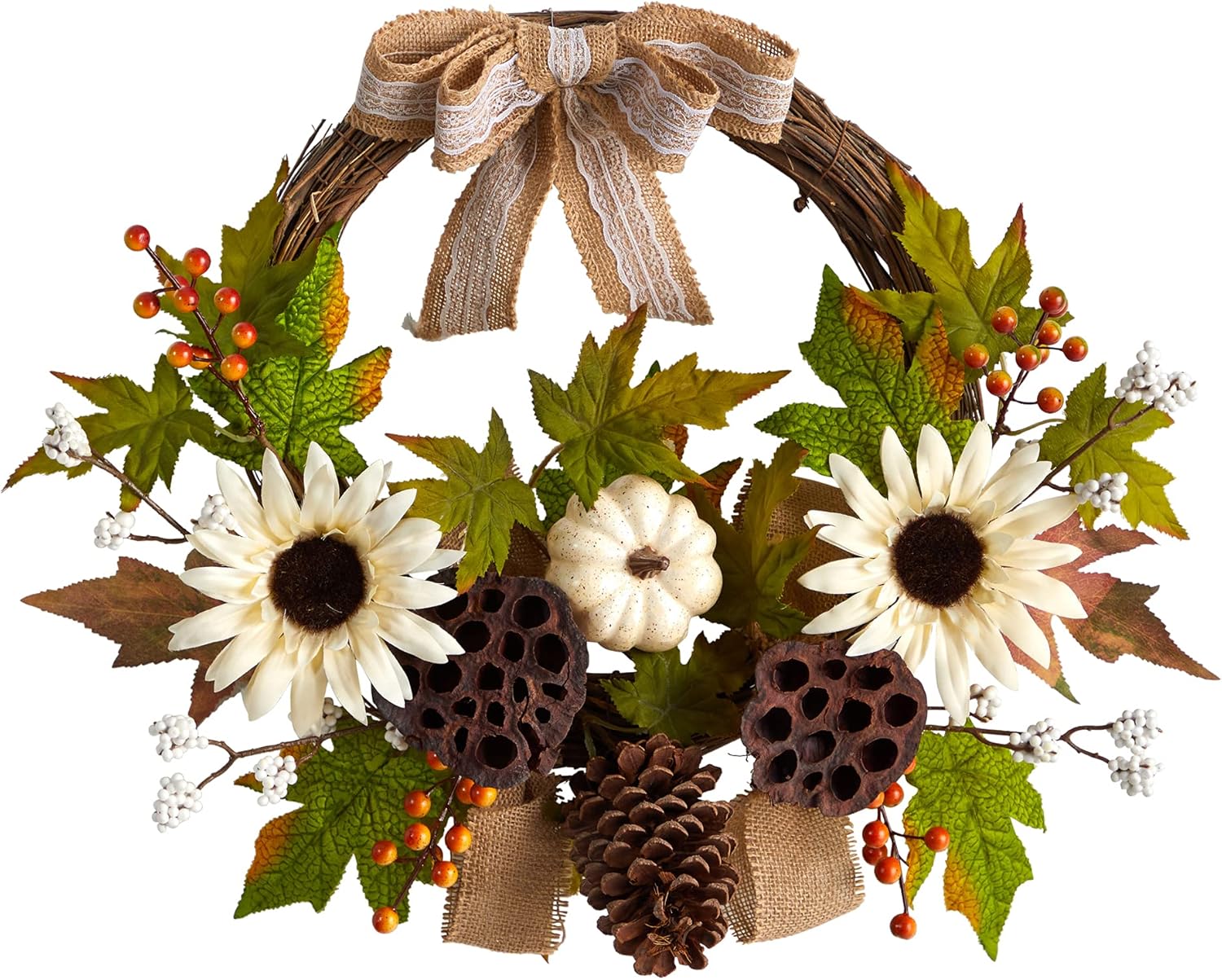 Nearly Natural 20in Autumn Sunflower Wreath with Bow