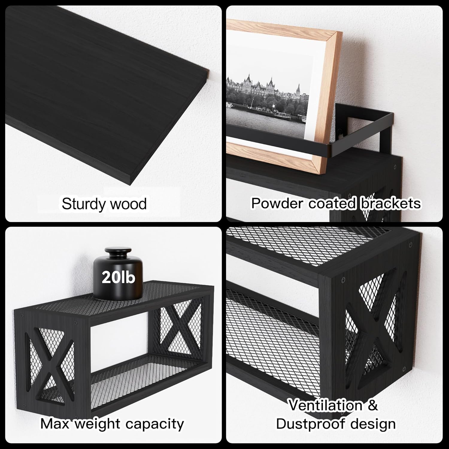 RICHER HOUSE Floating Shelves with Guardrail Black