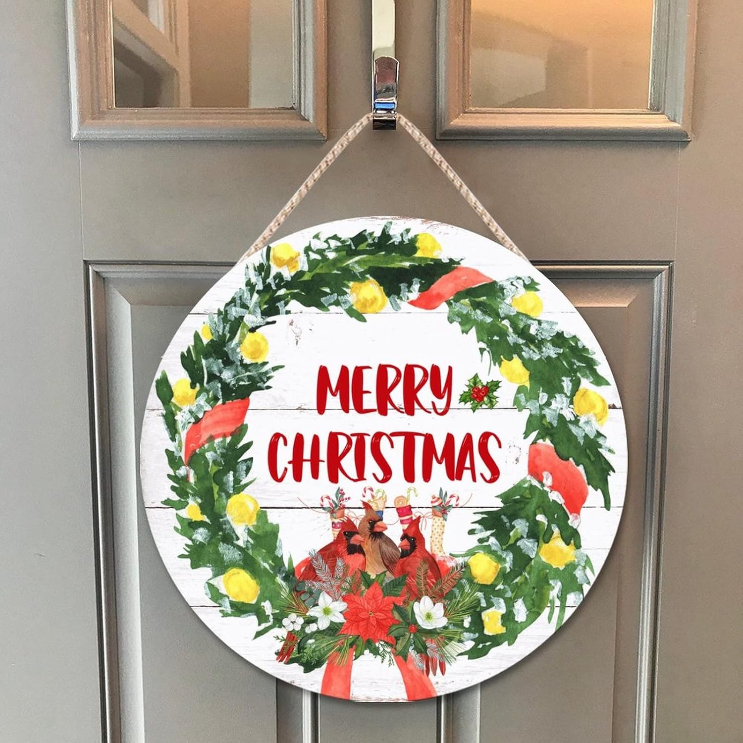 Farmhouse Front Door Hanger Red Birds Holly Wreath Christmas Wood Sign 1