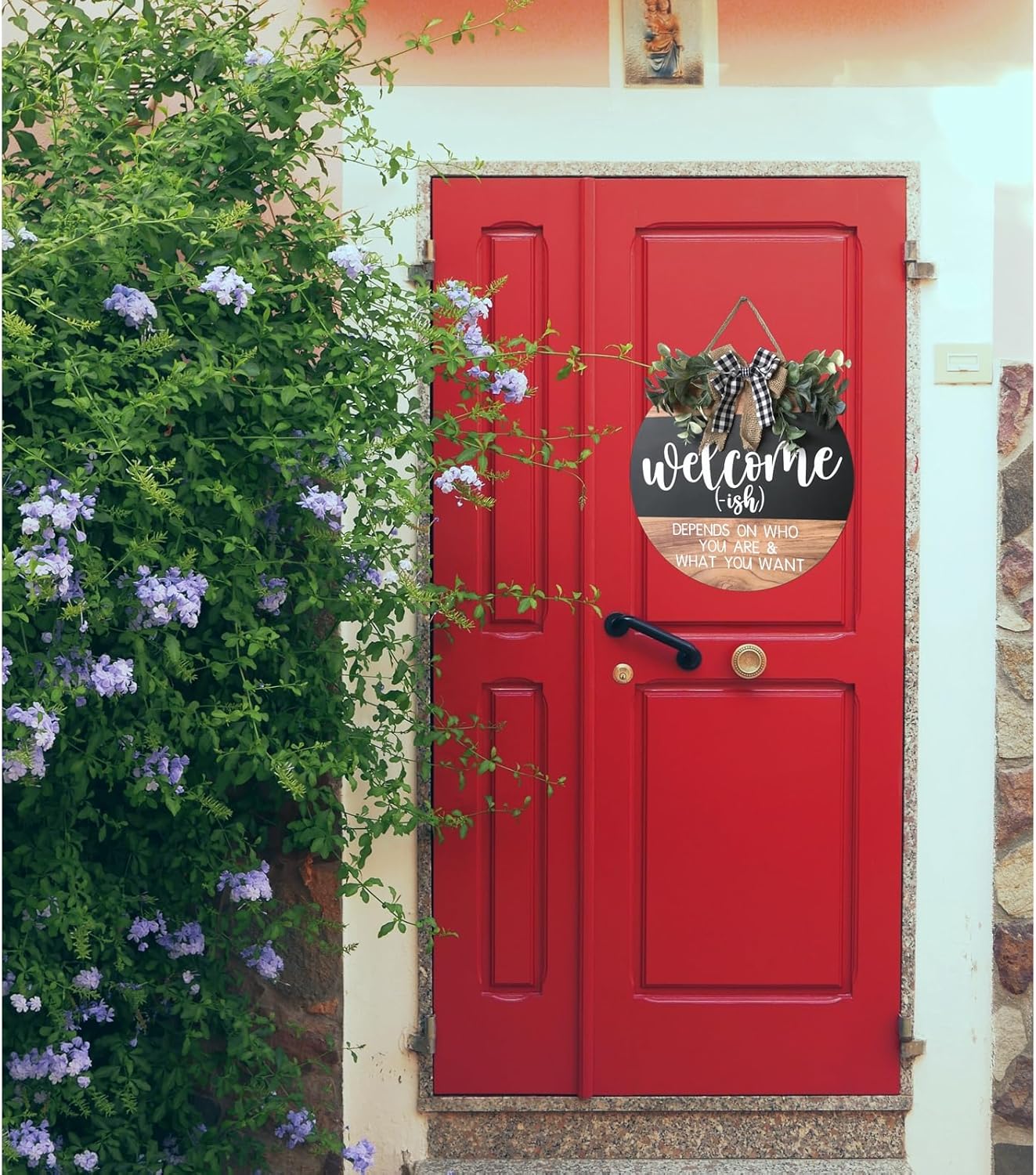 Welcome Sign for Front Door - Round Wood Wreath with Farmhouse Design