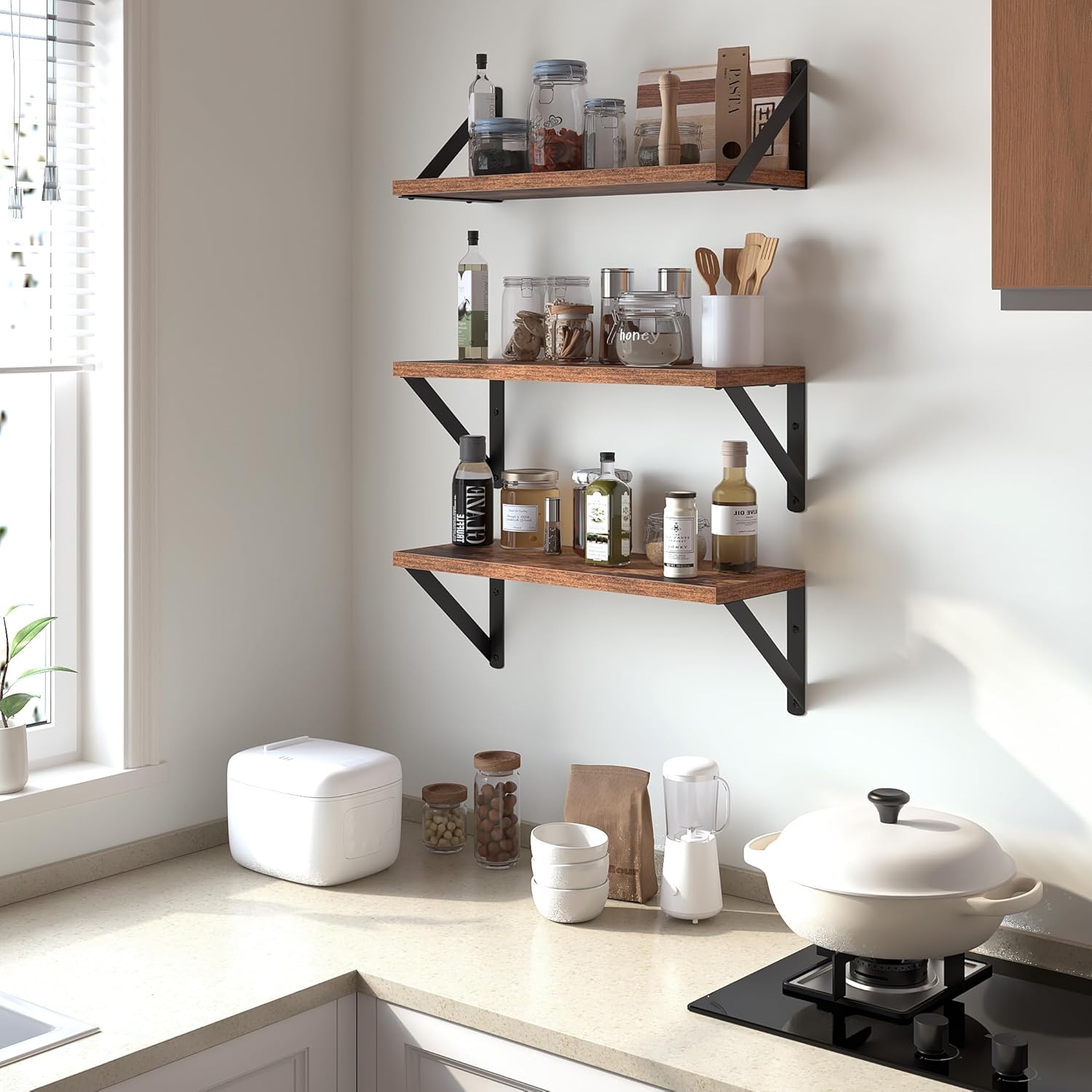 Heimlove Floating Shelves Set of 3 16 Inch Wood Rustic Brown