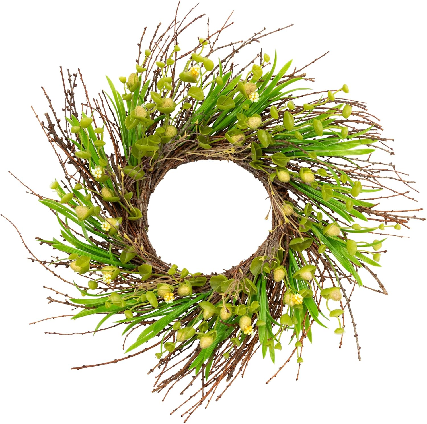 Northlight Budding Flowers Leaves Twigs Artificial Wreath 20 Inch Yellow