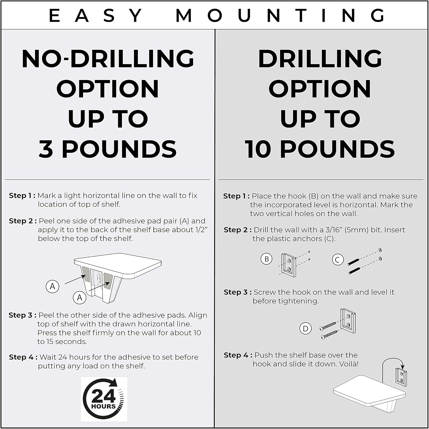 White Floating Shelf Set of 2 No Drill Wall Mount
