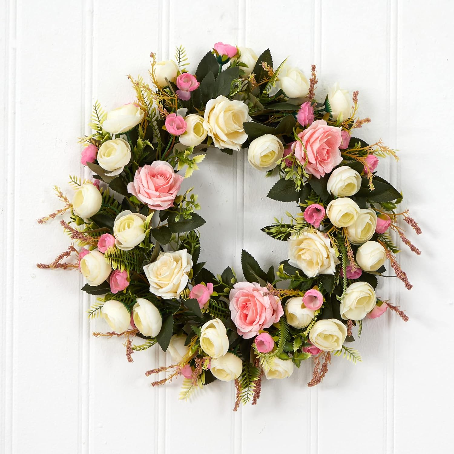 Nearly Natural 20in White and Pink Rose Artificial Wreath