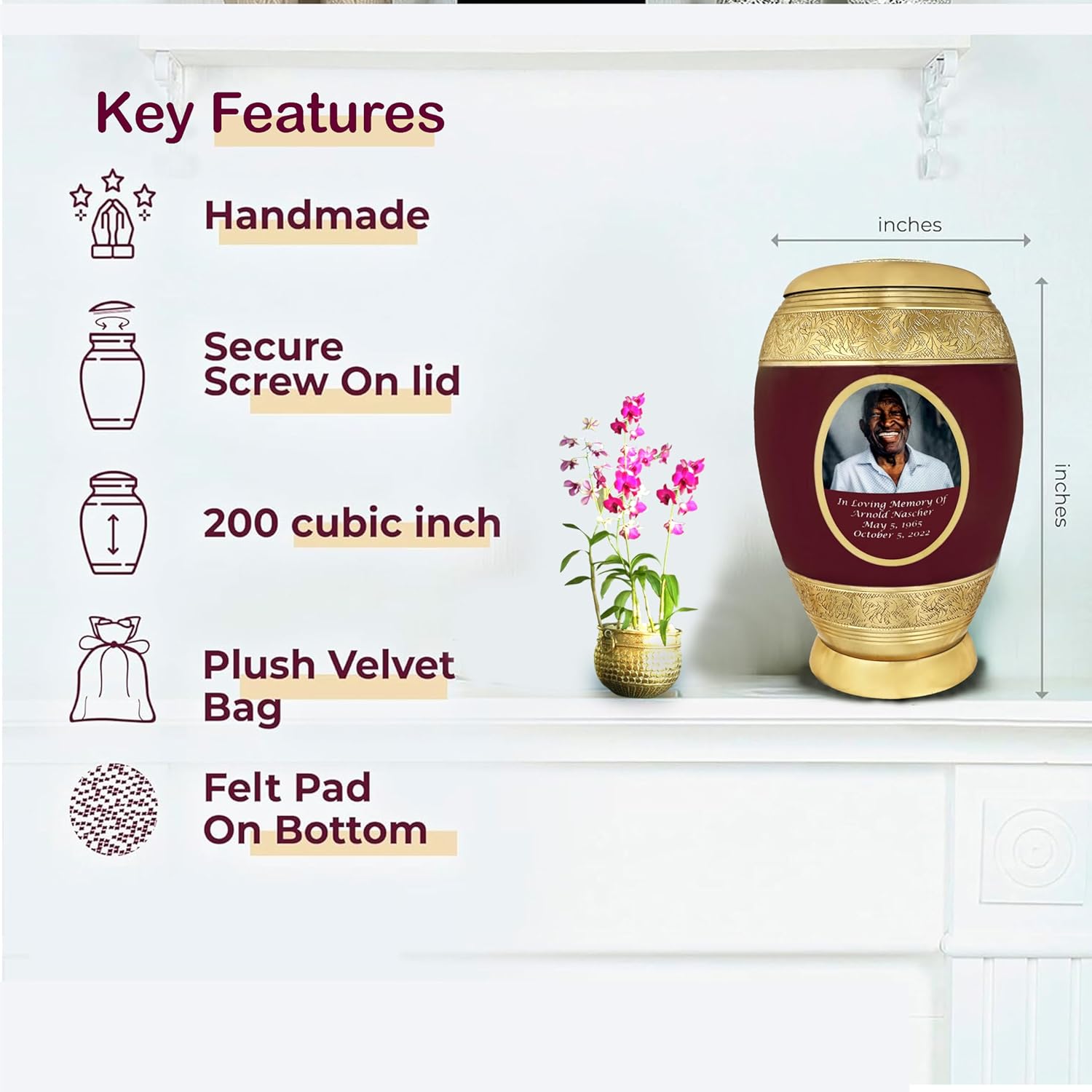 105 Inch Burgundy Personalized Cremation Urn for Human Ashes