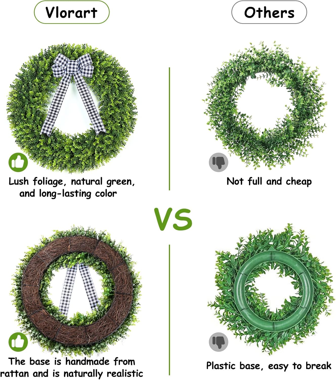 Vlorart 32 Inch Faux Boxwood Wreath with Plaid Bow