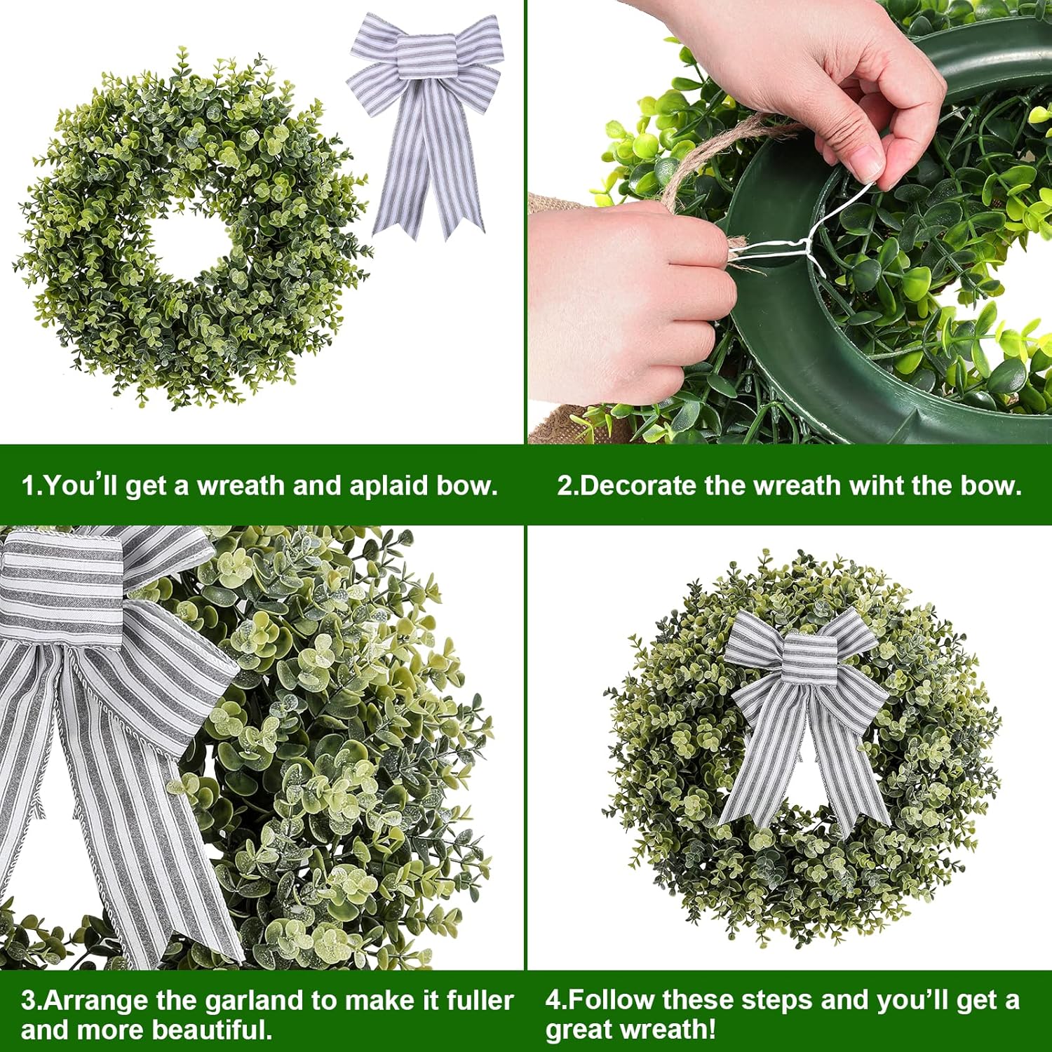 KuiMen 19 Inch Boxwood Wreath with 3 Bows