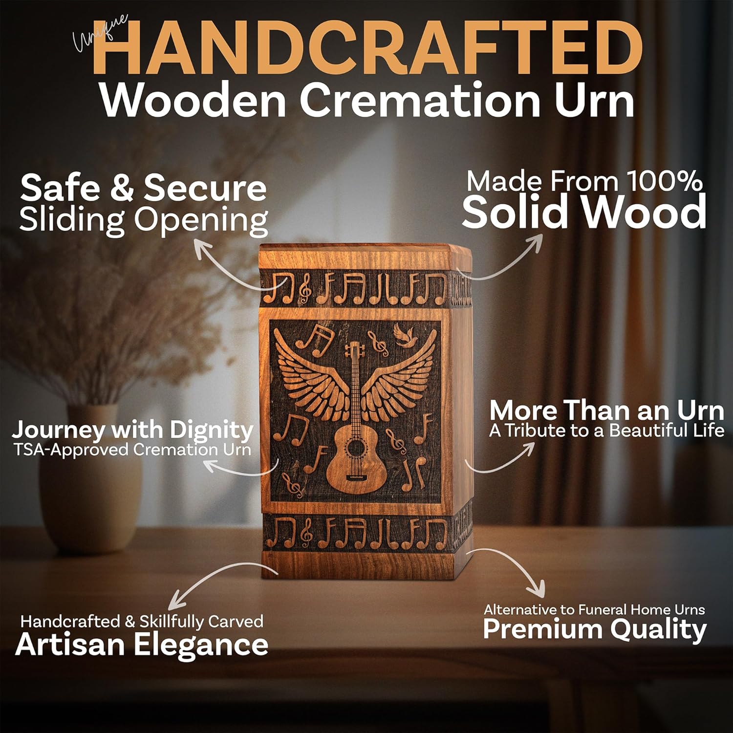 Handcrafted Wooden Cremation Urn with Angel Wings and Musical Notes