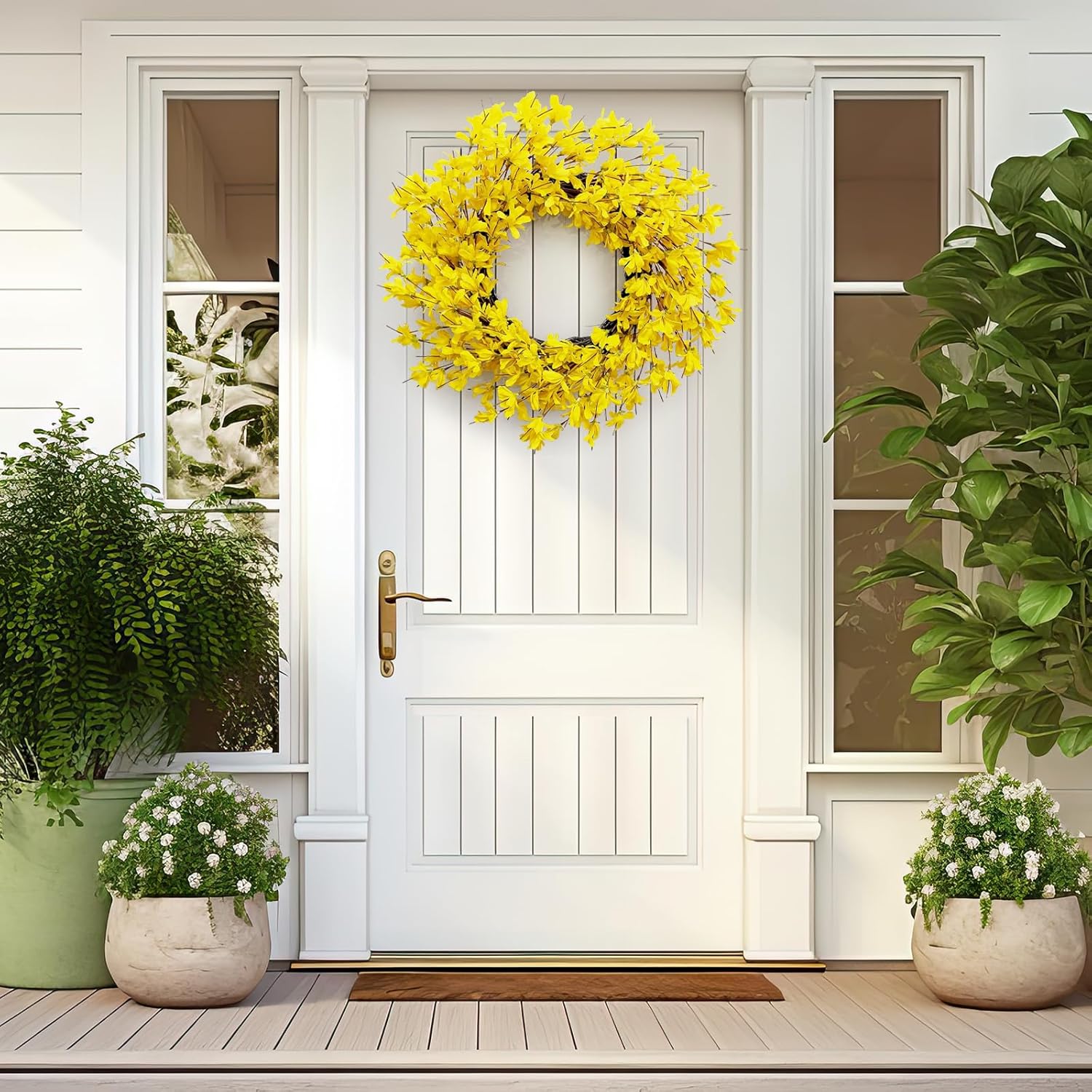 Huashen 24 Inch Yellow Forsythia Summer Wreath for Front Door