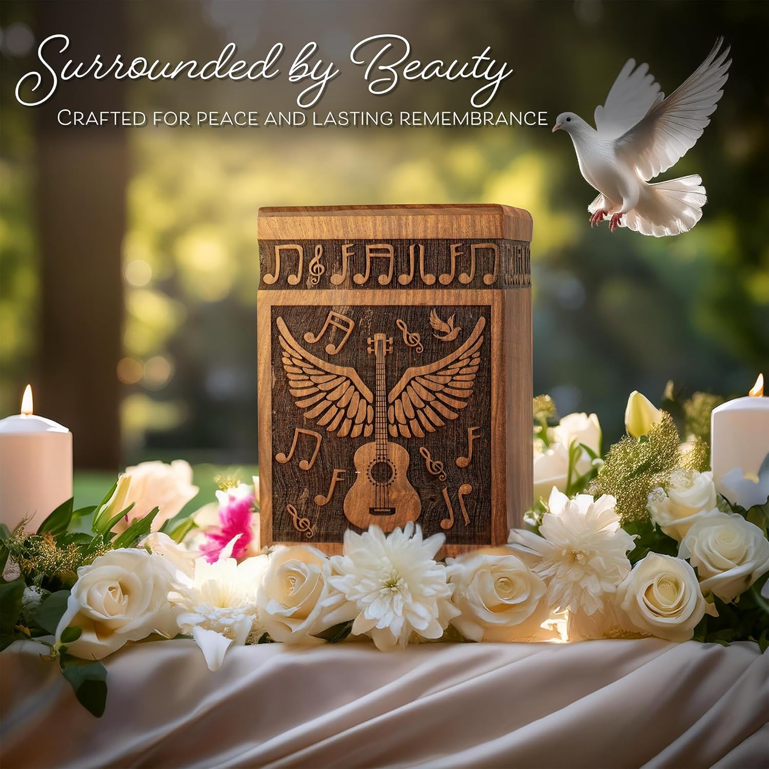Handcrafted Wooden Cremation Urn with Angel Wings and Musical Notes