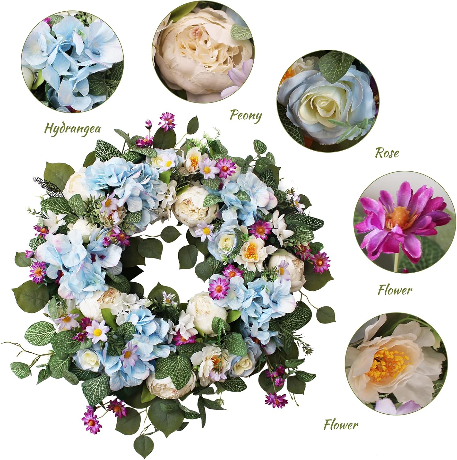 24 Inch Blue Hydrangea Wreath for Front Door