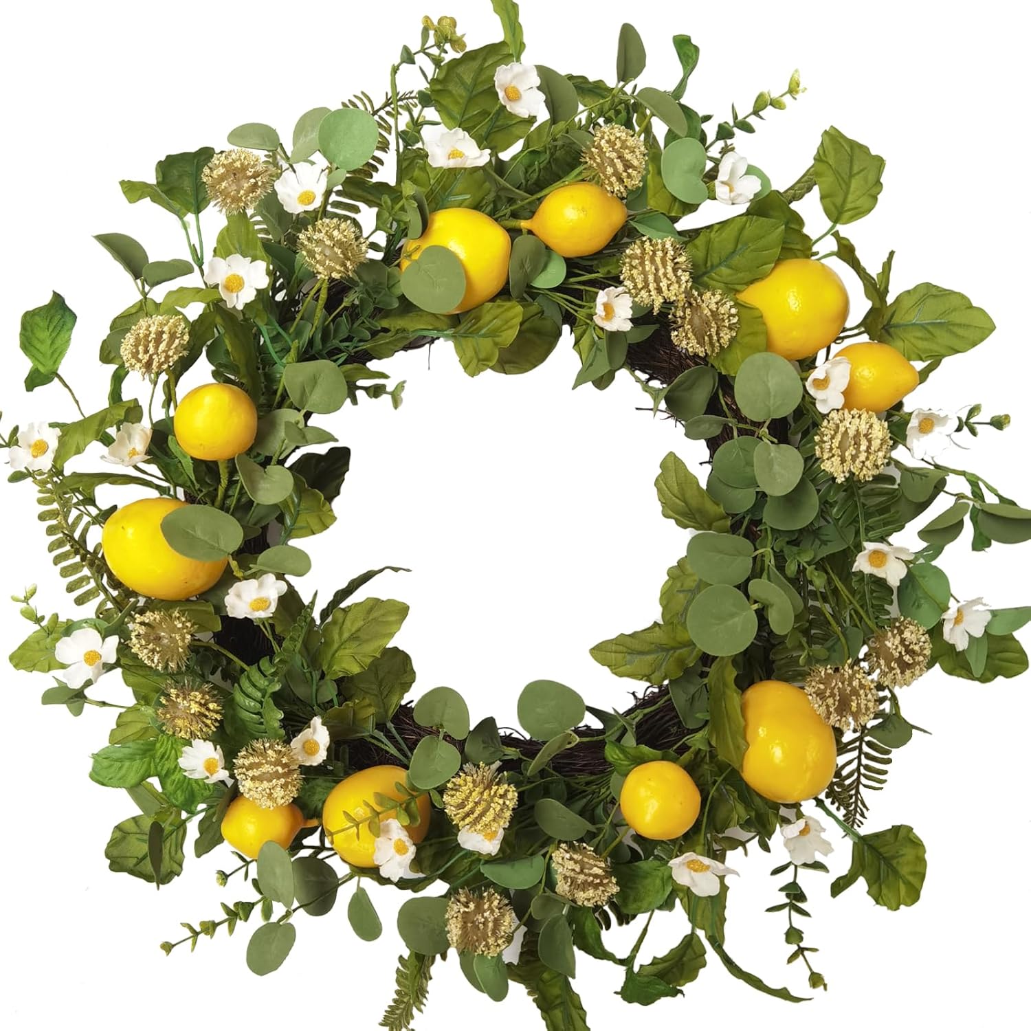 Idyllic 22 Inch Summer Lemon Wreath with Green Leaves