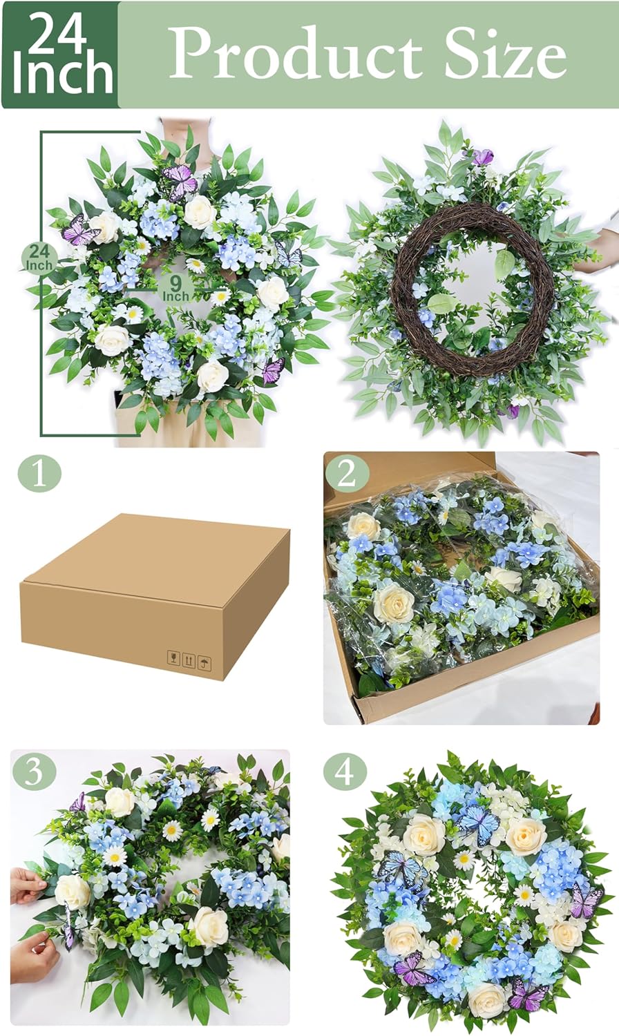 24 Inch Blue Hydrangea Wreath with Butterfly Lights Timer
