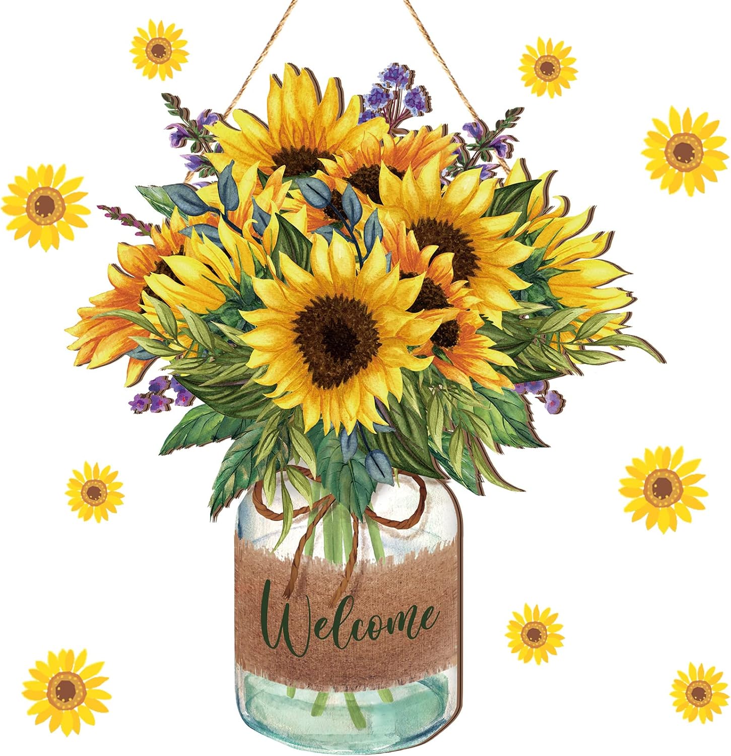 Shellwei Sunflower Welcome Door Sign Wooden Wreath