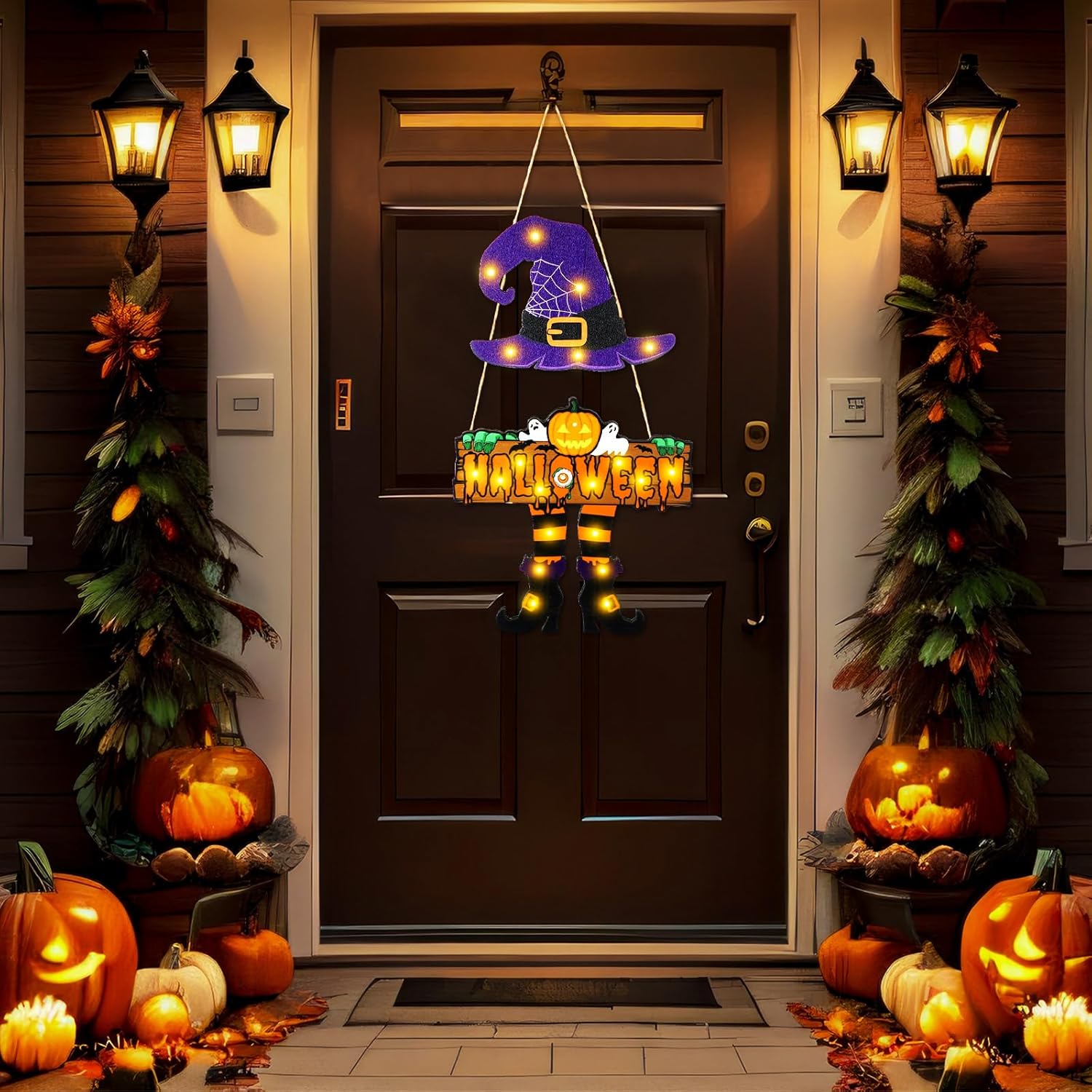 LED Halloween Witch Door Sign with Light Up Design