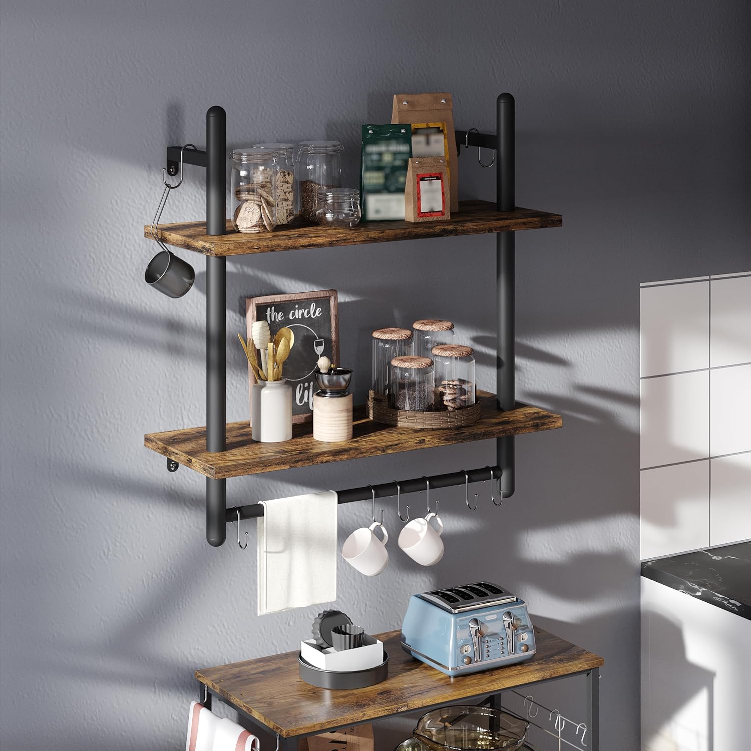 Bestier 24 Inch Floating Kitchen Shelves 2 Tier with 8 Hooks