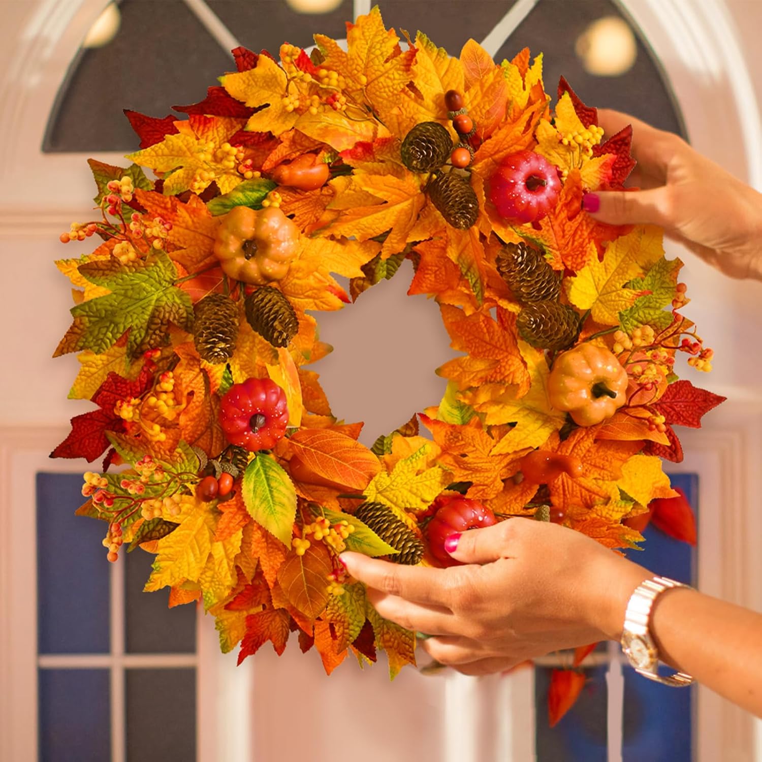 22 Inch Fall Wreath with Pumpkins and Pinecones