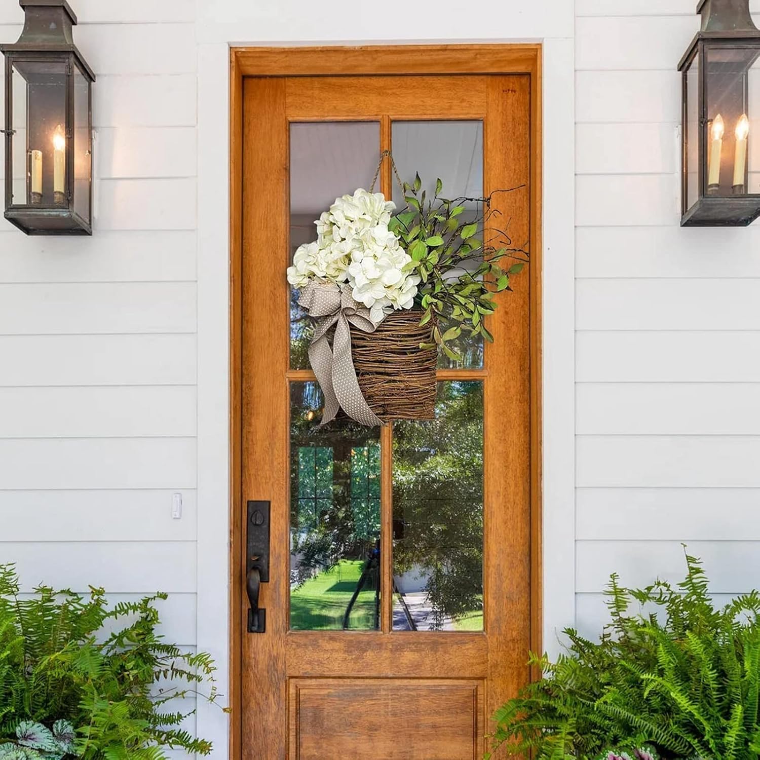 Cream Hydrangea Door Wreath Basket Spring Welcome Sign