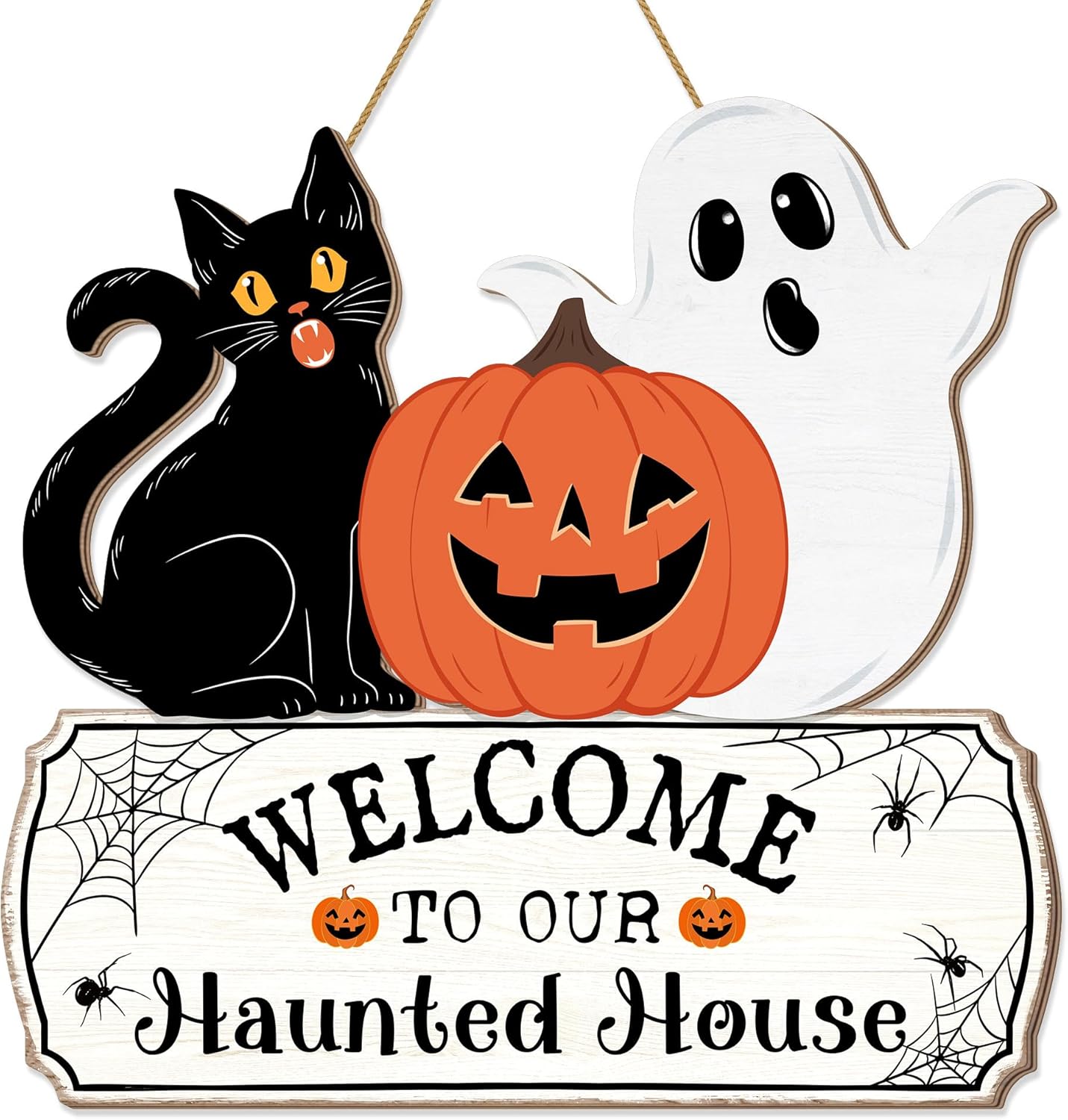 Halloween Door Hanging Sign with Ghost and Pumpkin Design