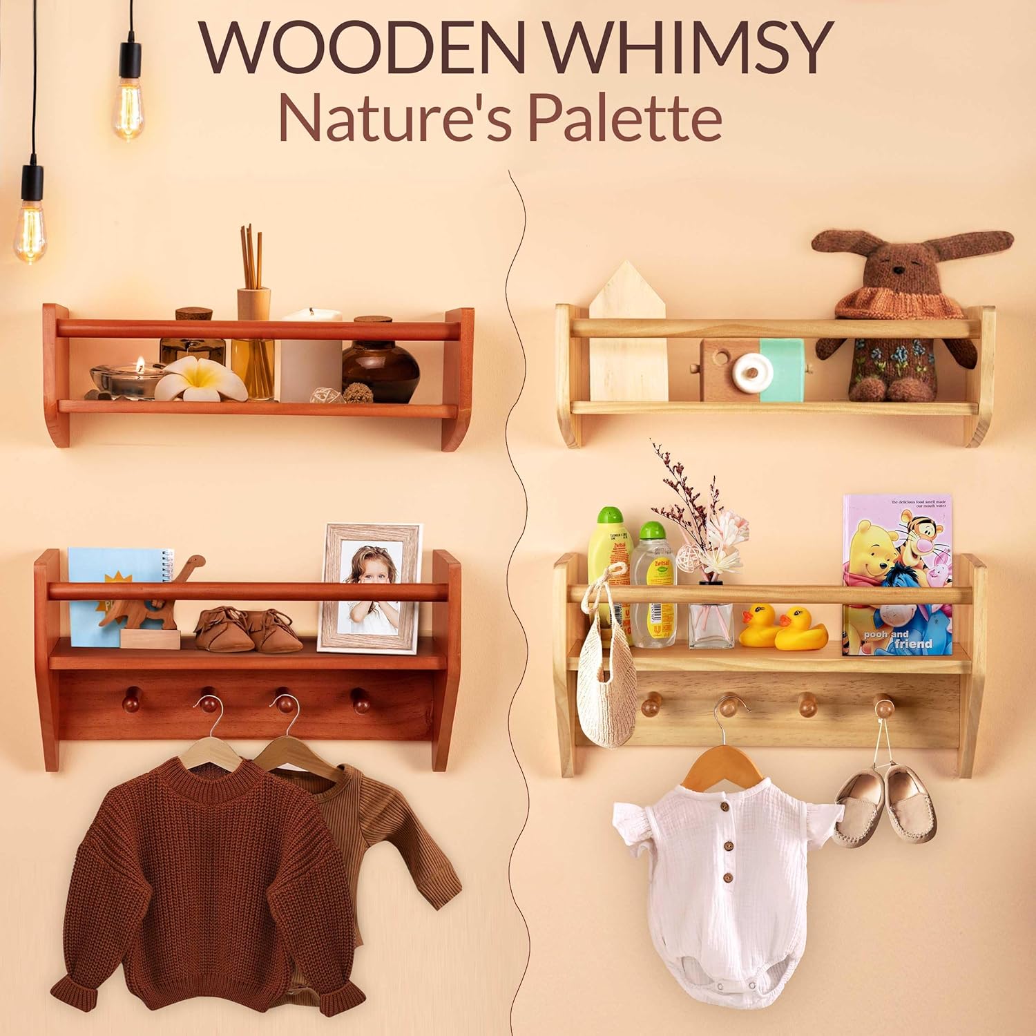 BINGY Wall Bookshelves with Hooks - 2 Tier Solid Wood
