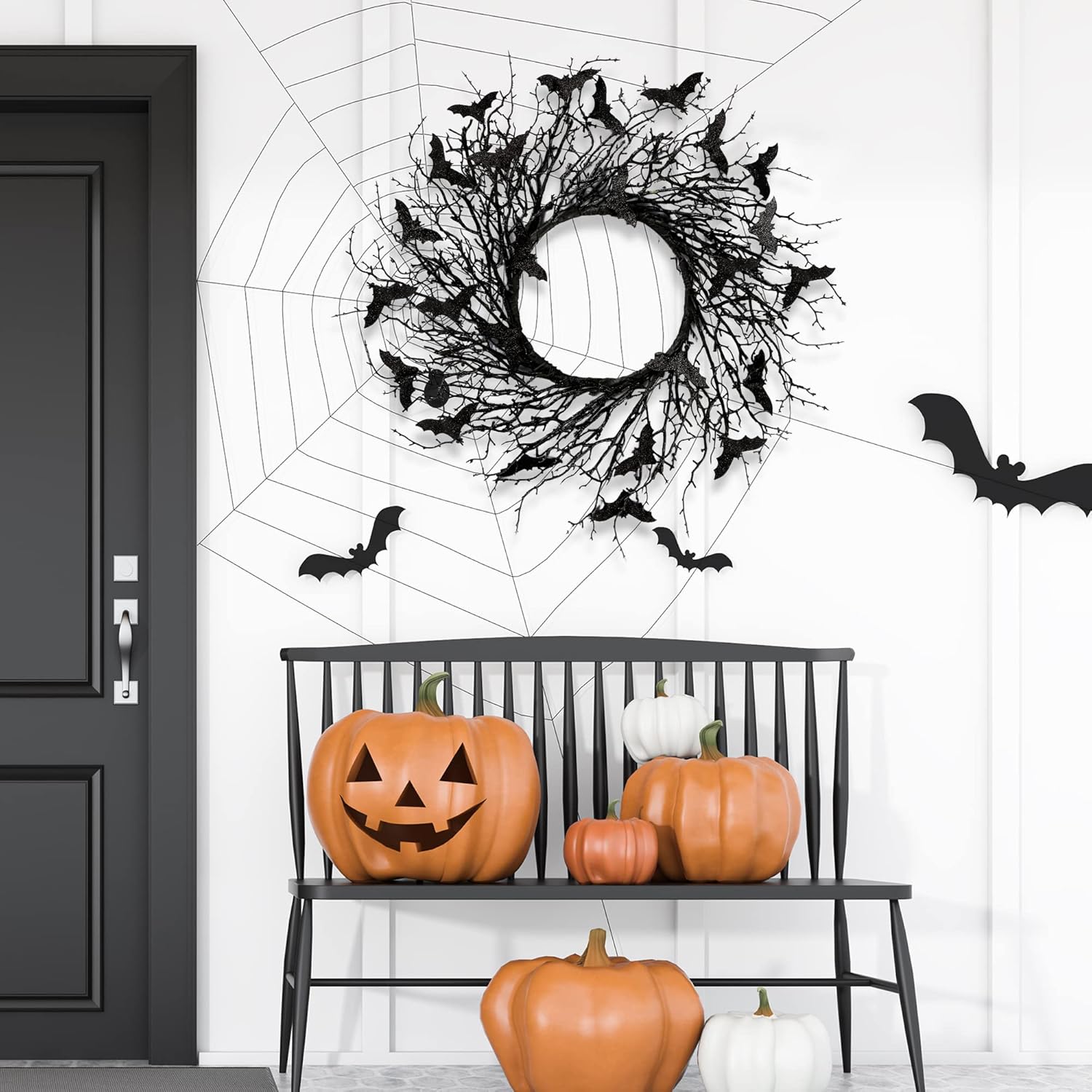 Sggvecsy 177 Inch Black Twig Wreath with Glitter Bats