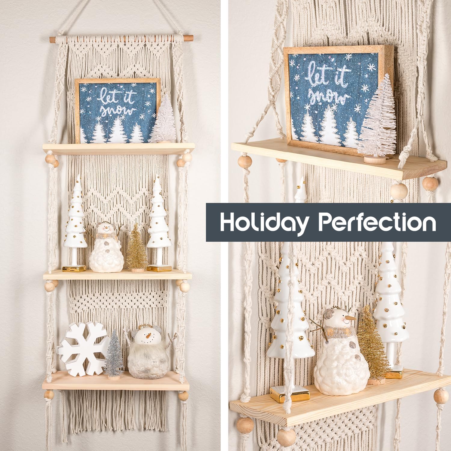SnugLife 3 Tier Macrame Wall Shelf - Floating Plant Hanger with Pine Wood