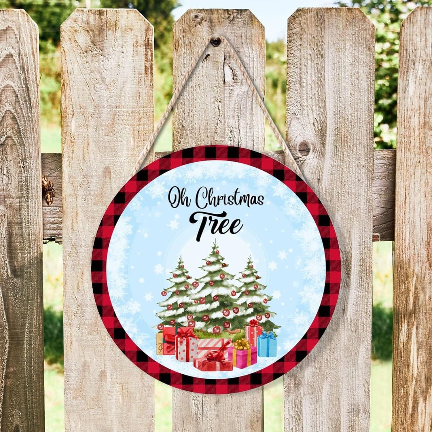 Farmhouse Front Door Hanger with Red Buffalo Plaid Wood Sign 10x10in