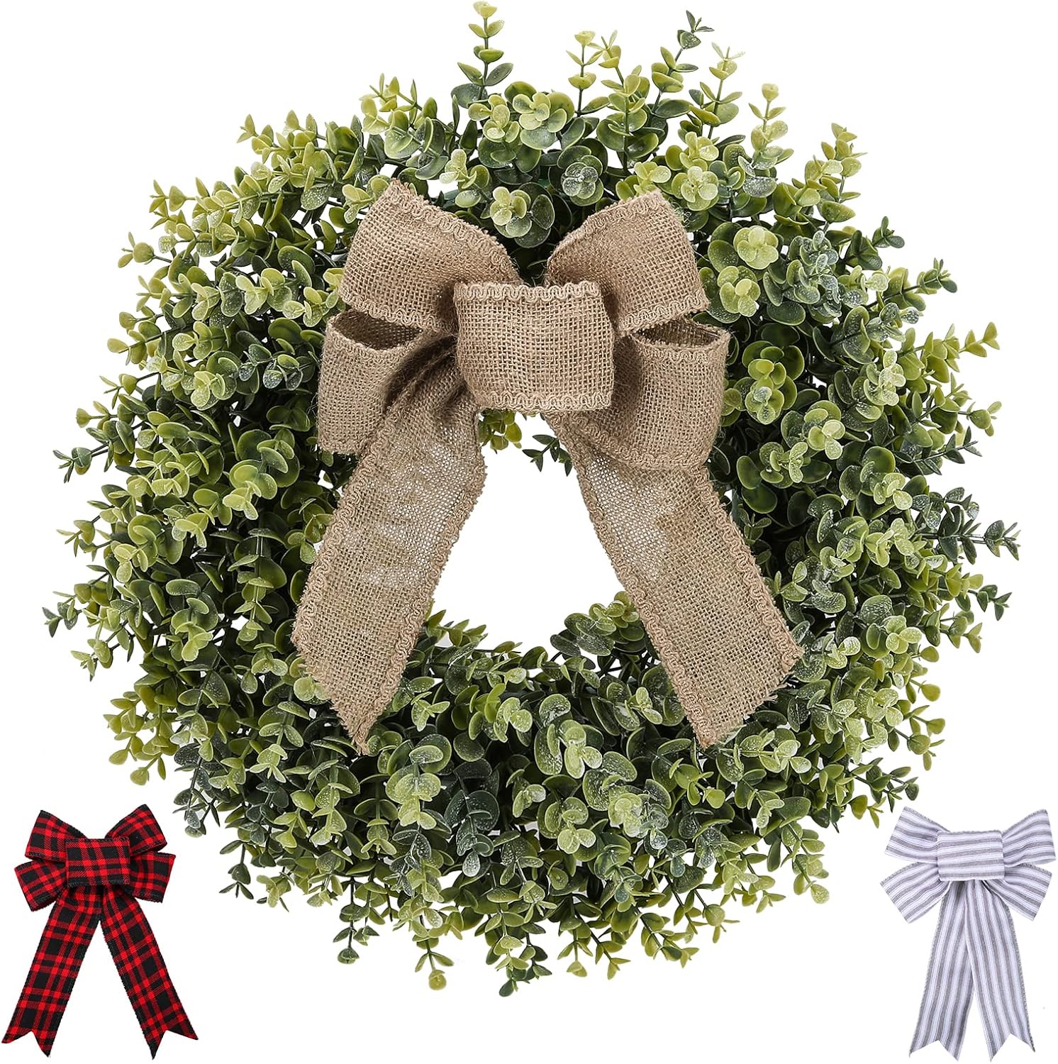 KuiMen 19 Inch Boxwood Wreath with 3 Bows