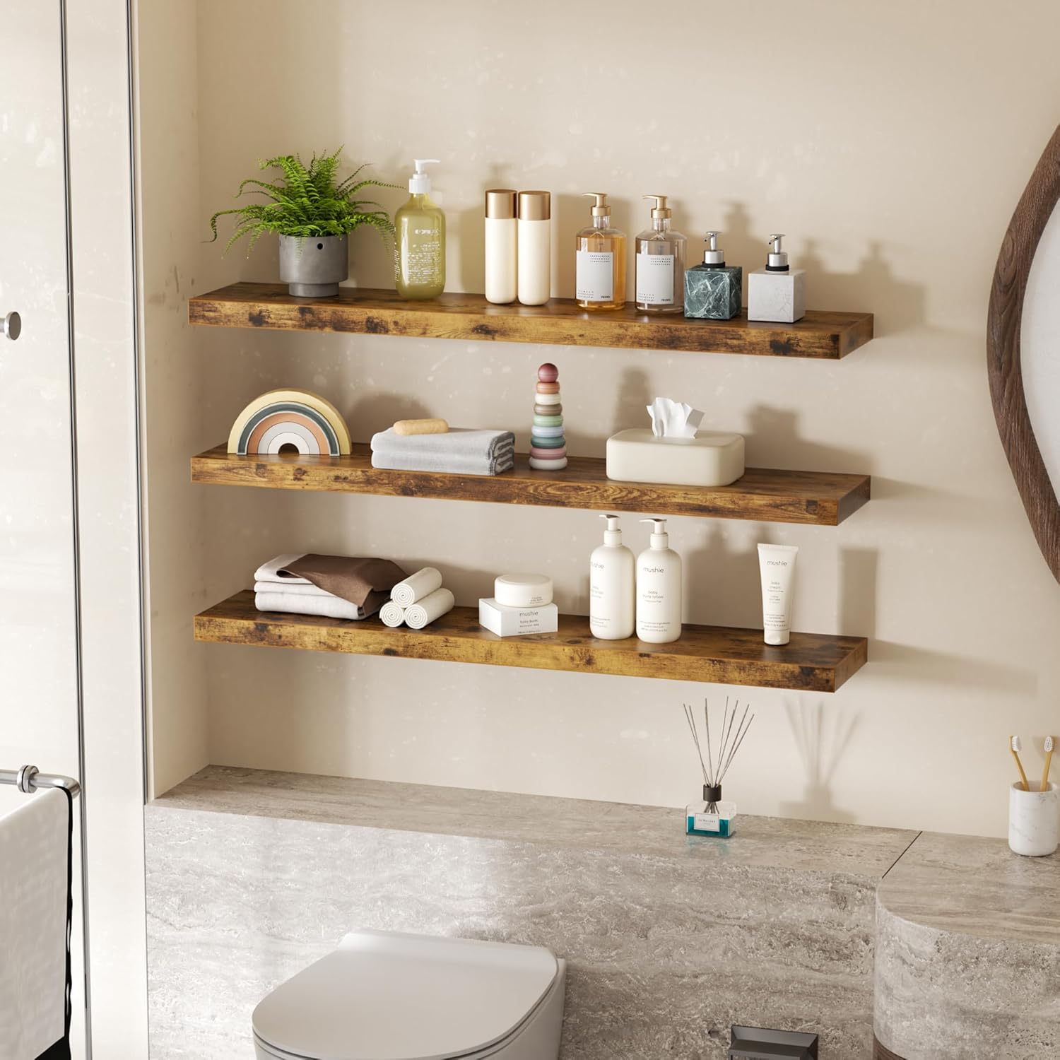 Colima Floating Shelves Set of 3 Brown Wood 36 Inch Wall Mount