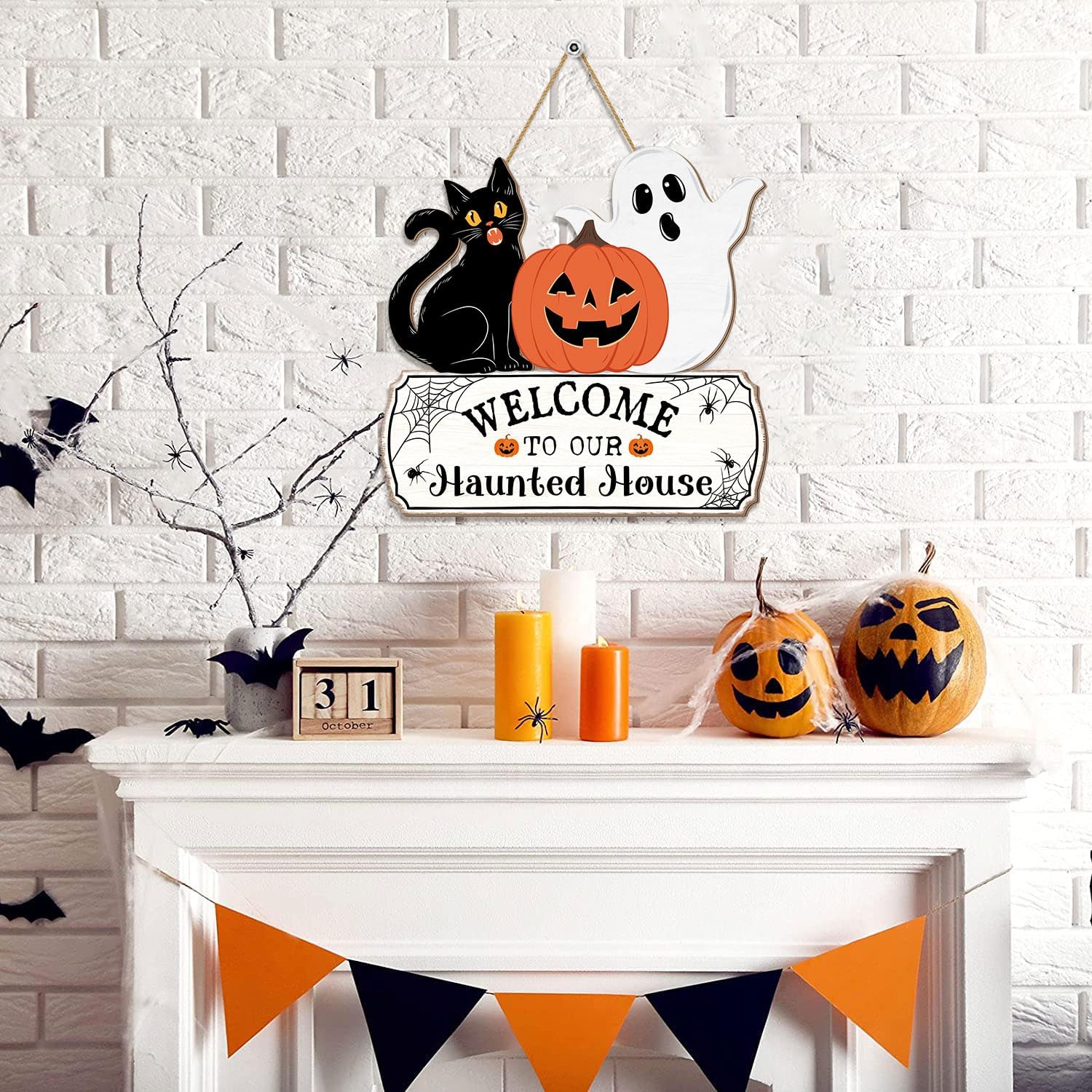 Halloween Door Hanging Sign with Ghost and Pumpkin Design