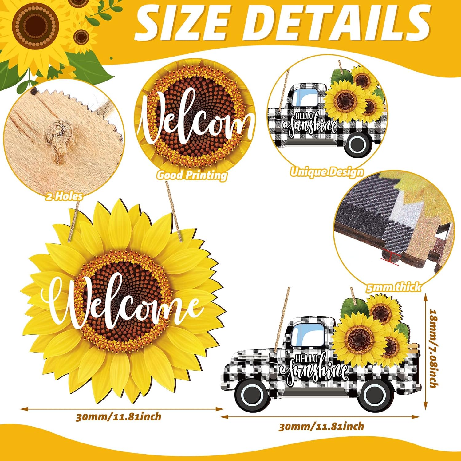 Chitidr 2 Pcs Sunflower Welcome Wooden Door Hanger