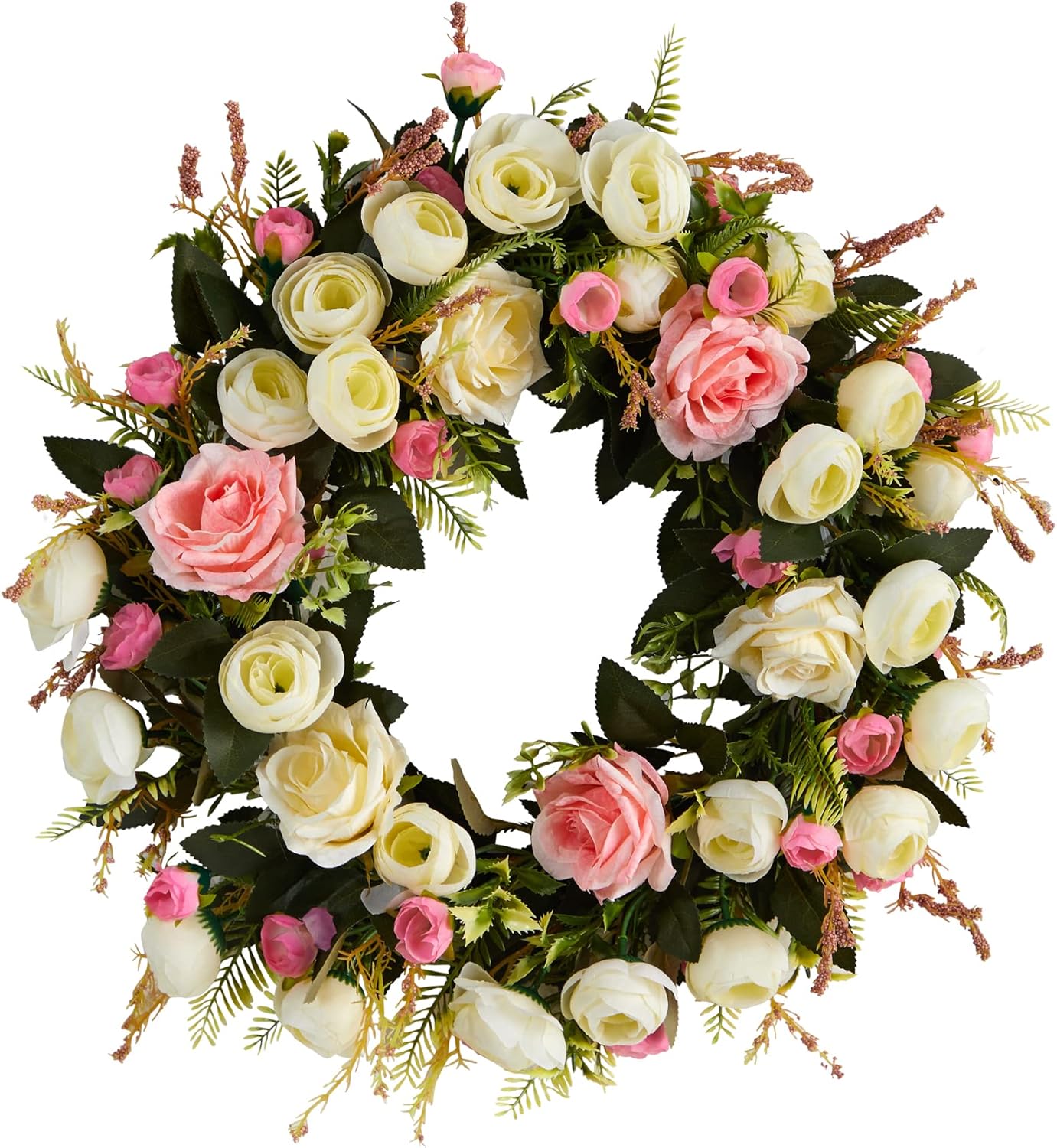 Nearly Natural 20in White and Pink Rose Artificial Wreath