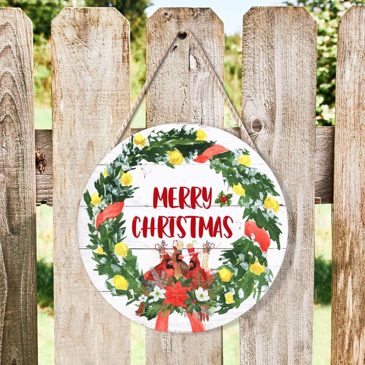 Farmhouse Front Door Hanger Red Birds Holly Wreath Christmas Wood Sign 1