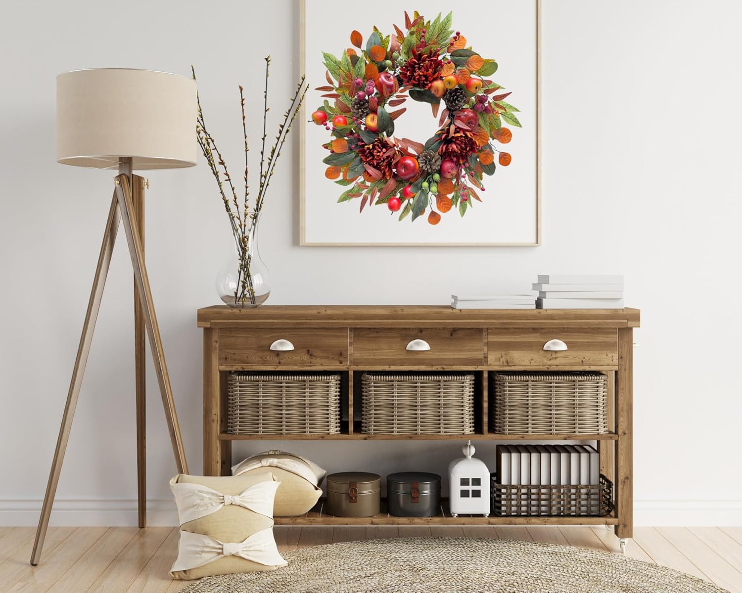 22 Inch Fall Chrysanthemum Wreath with Apples and Berries