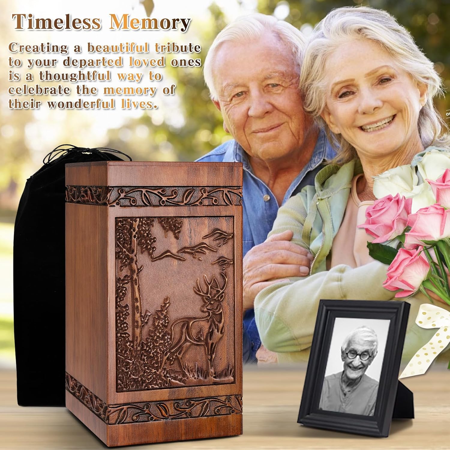 Wooden Cremation Urn with Engraved Deer Design
