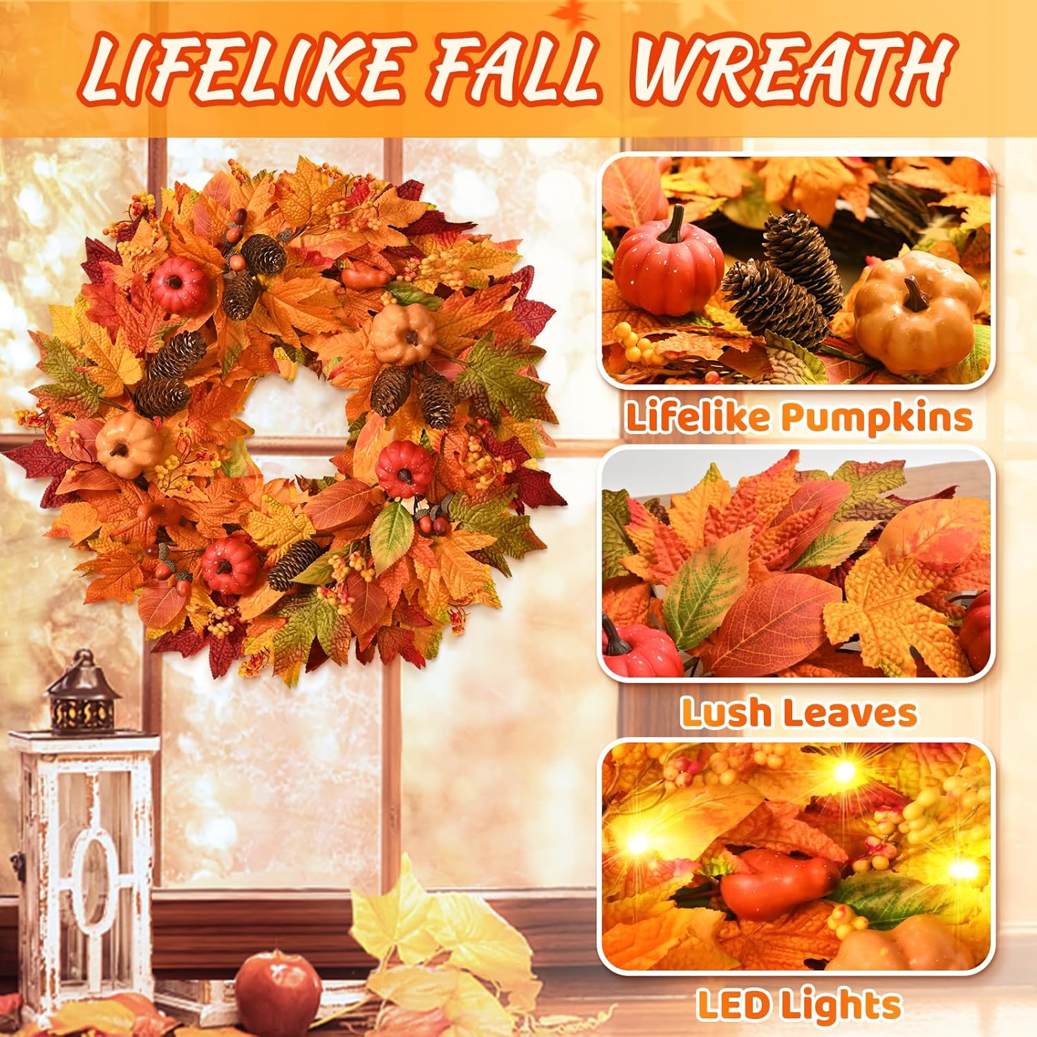 22 Inch Fall Wreath with Pumpkins and Pinecones