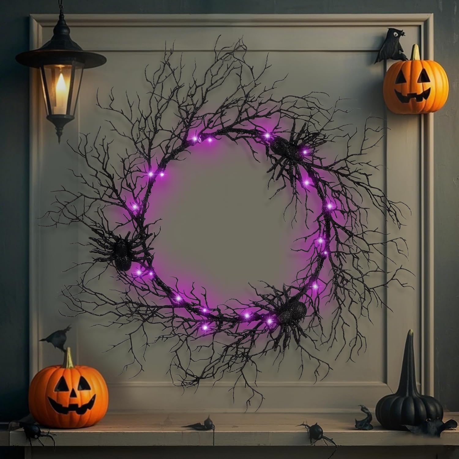24 Inch Halloween Wreath with Purple LED Lights