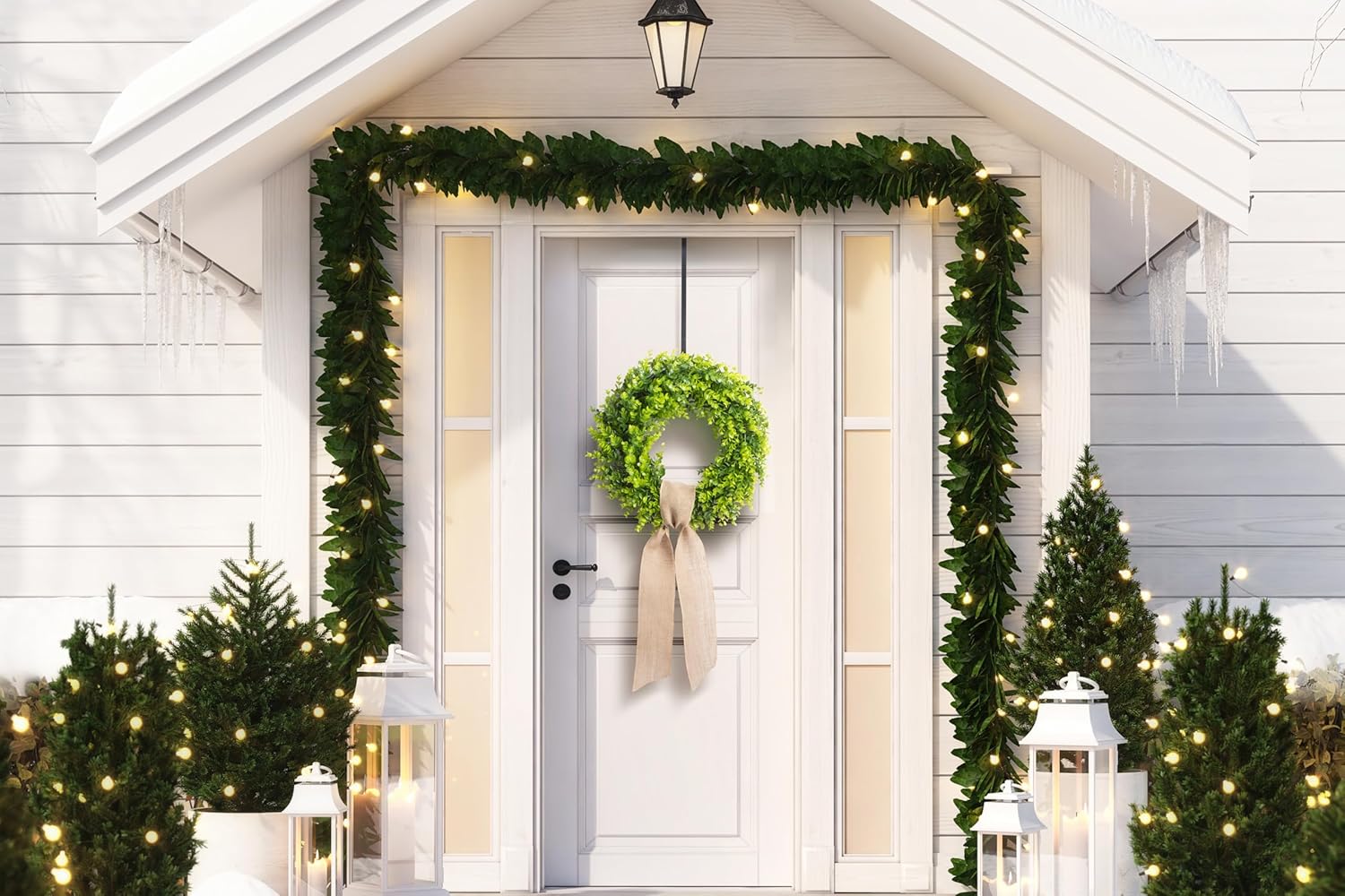 20 Inch Boxwood Wreath with Burlap Ribbon 1